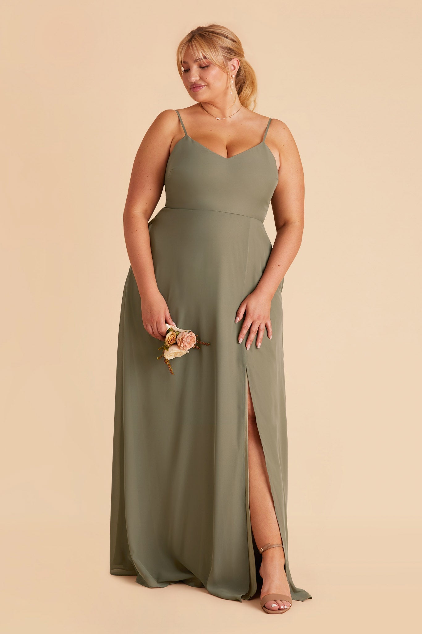 Devin plus size convertible bridesmaid dress with slit in moss green chiffon by Birdy Grey, front view