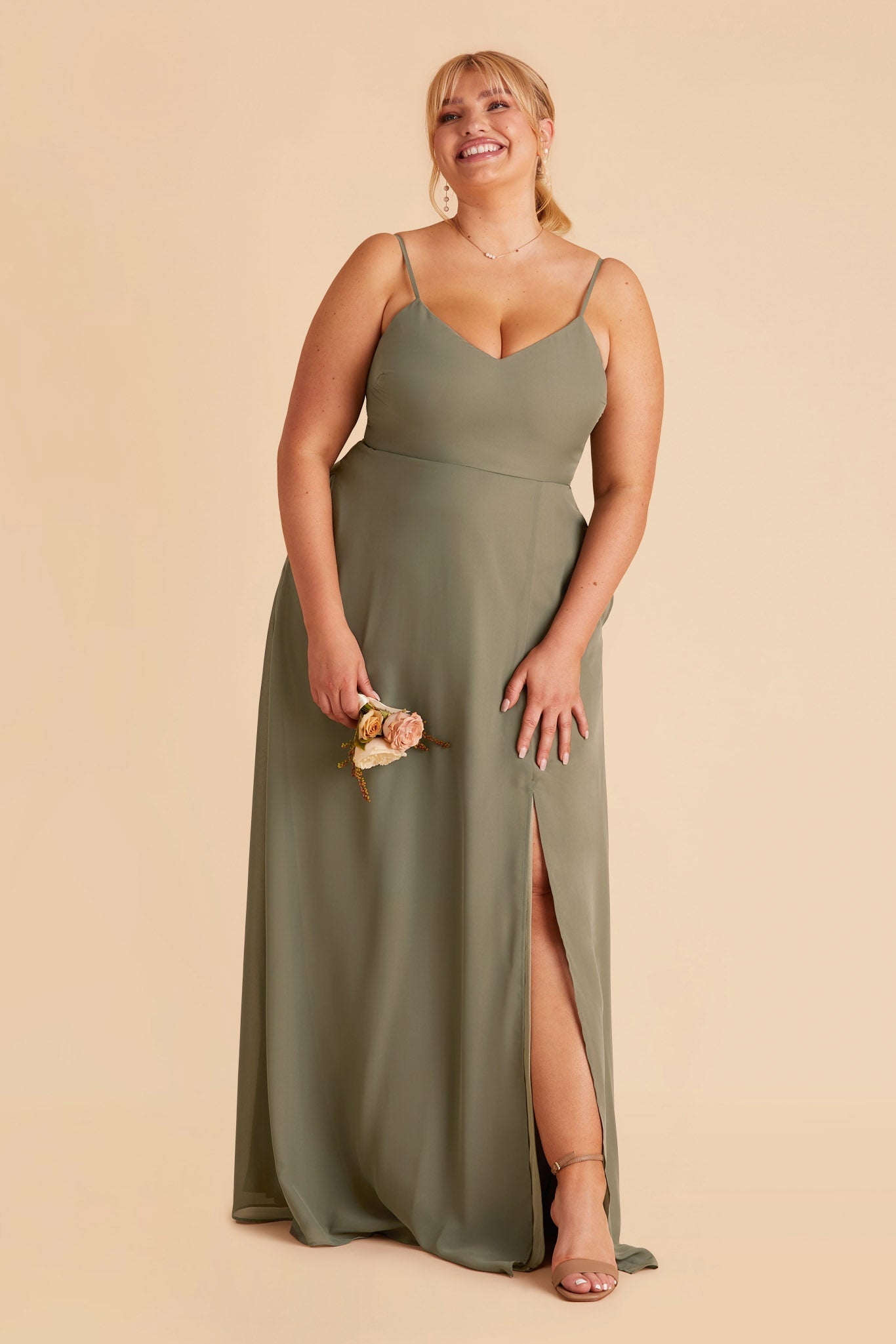 Devin plus size convertible bridesmaid dress with slit in moss green chiffon by Birdy Grey, front view