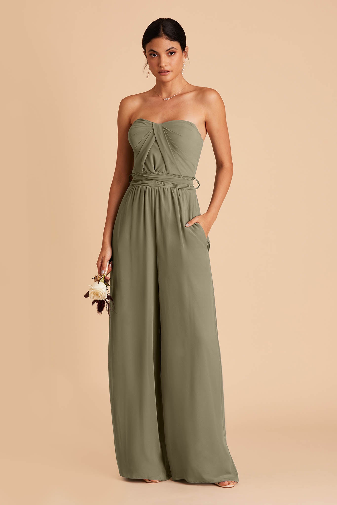 Light green wedding jumpsuit with sweetheart bodice with convertible neckline