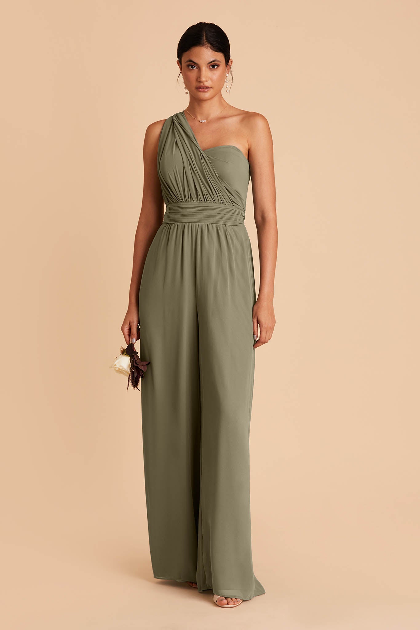 Light green wedding jumpsuit with sweetheart bodice with convertible neckline