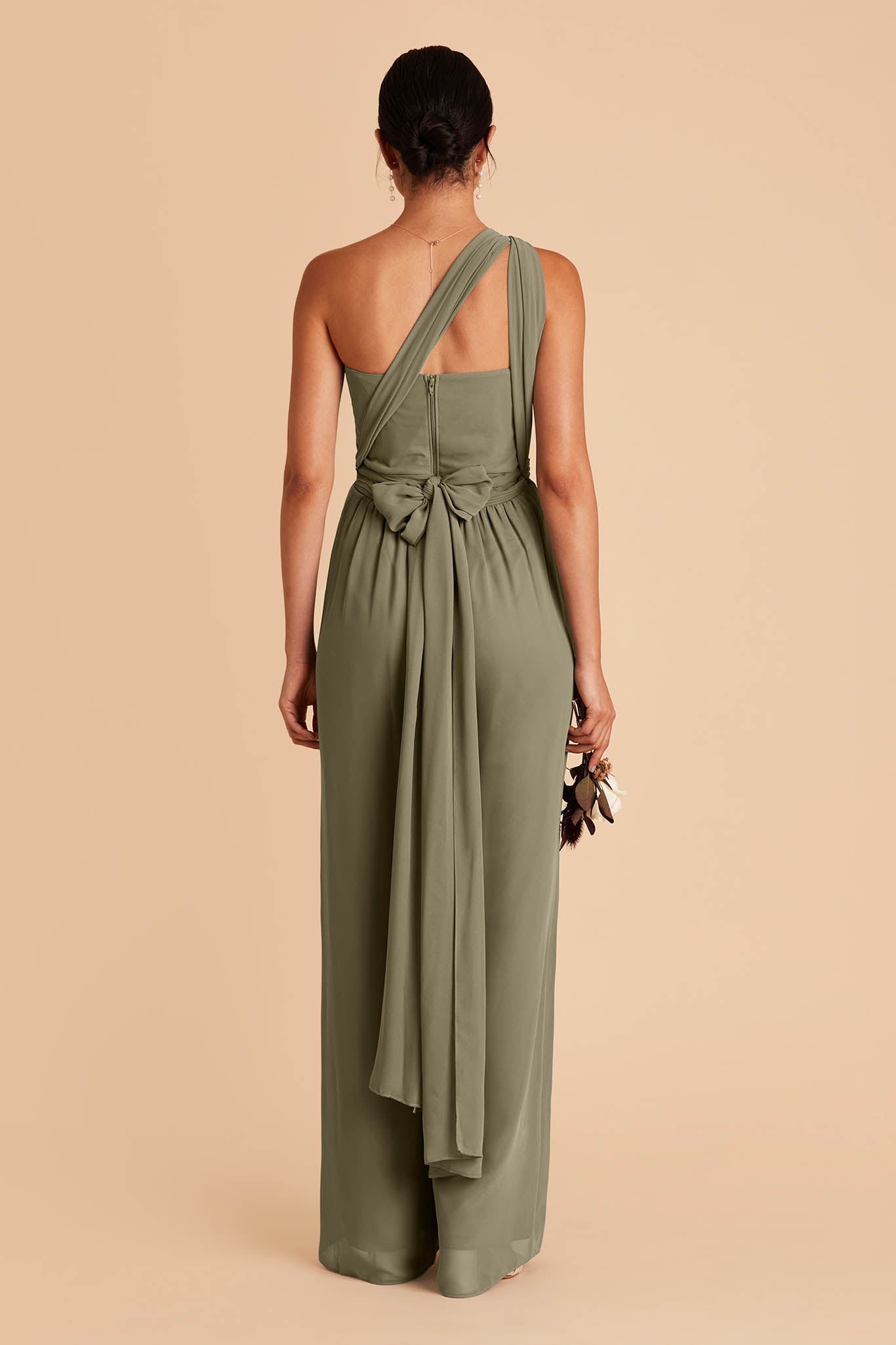 Light green wedding jumpsuit with sweetheart bodice with convertible neckline tie in the back