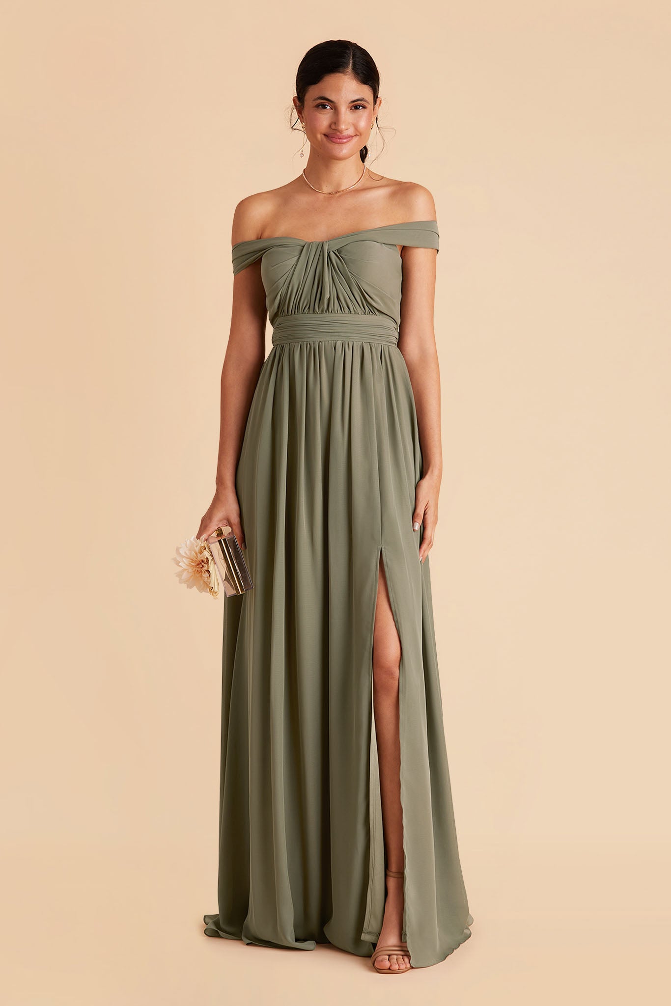 Grace convertible bridesmaid dress in Moss Green Chiffon by Birdy Grey, front view