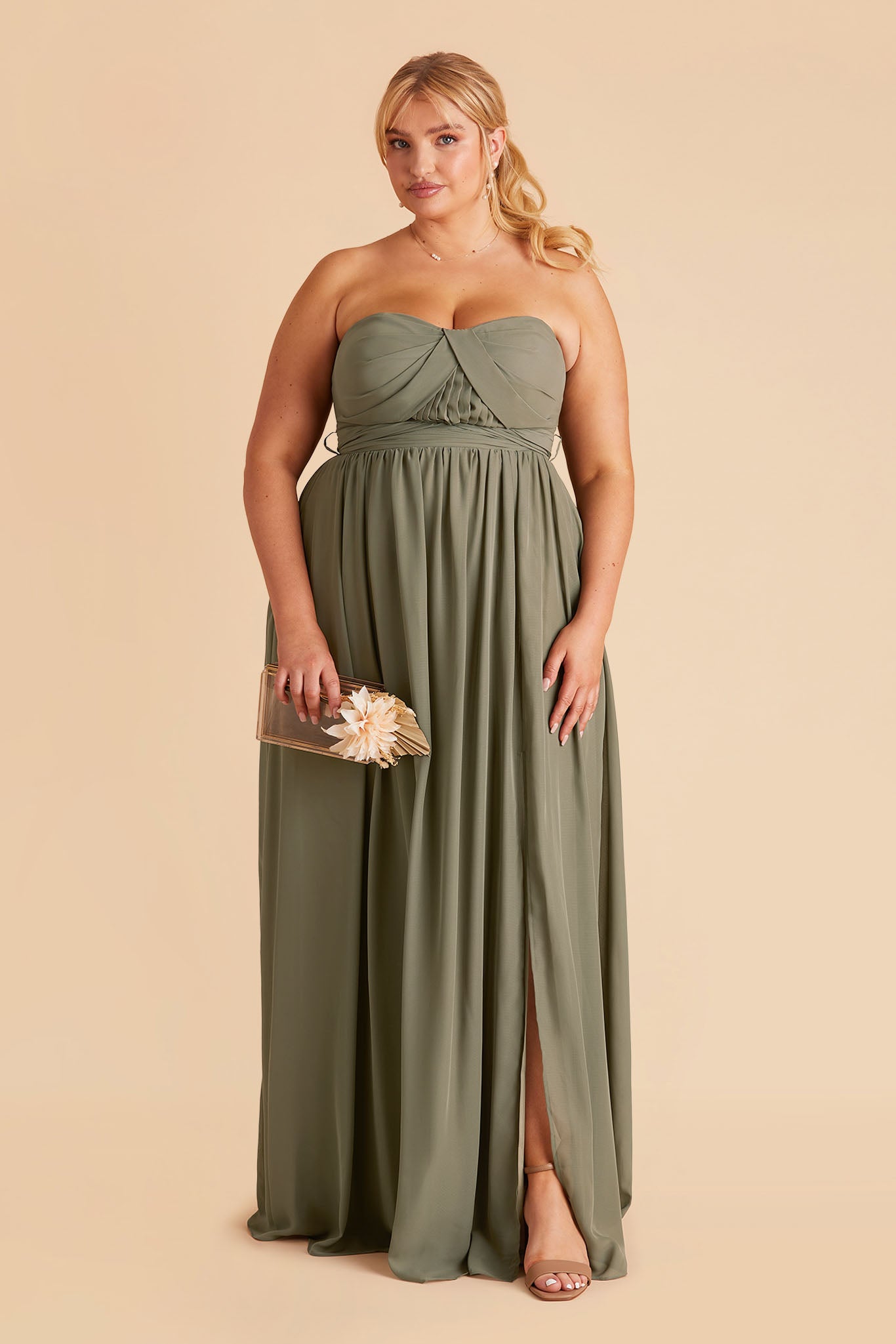 Grace plus size convertible bridesmaid dress in Moss Green Chiffon by Birdy Grey, front view