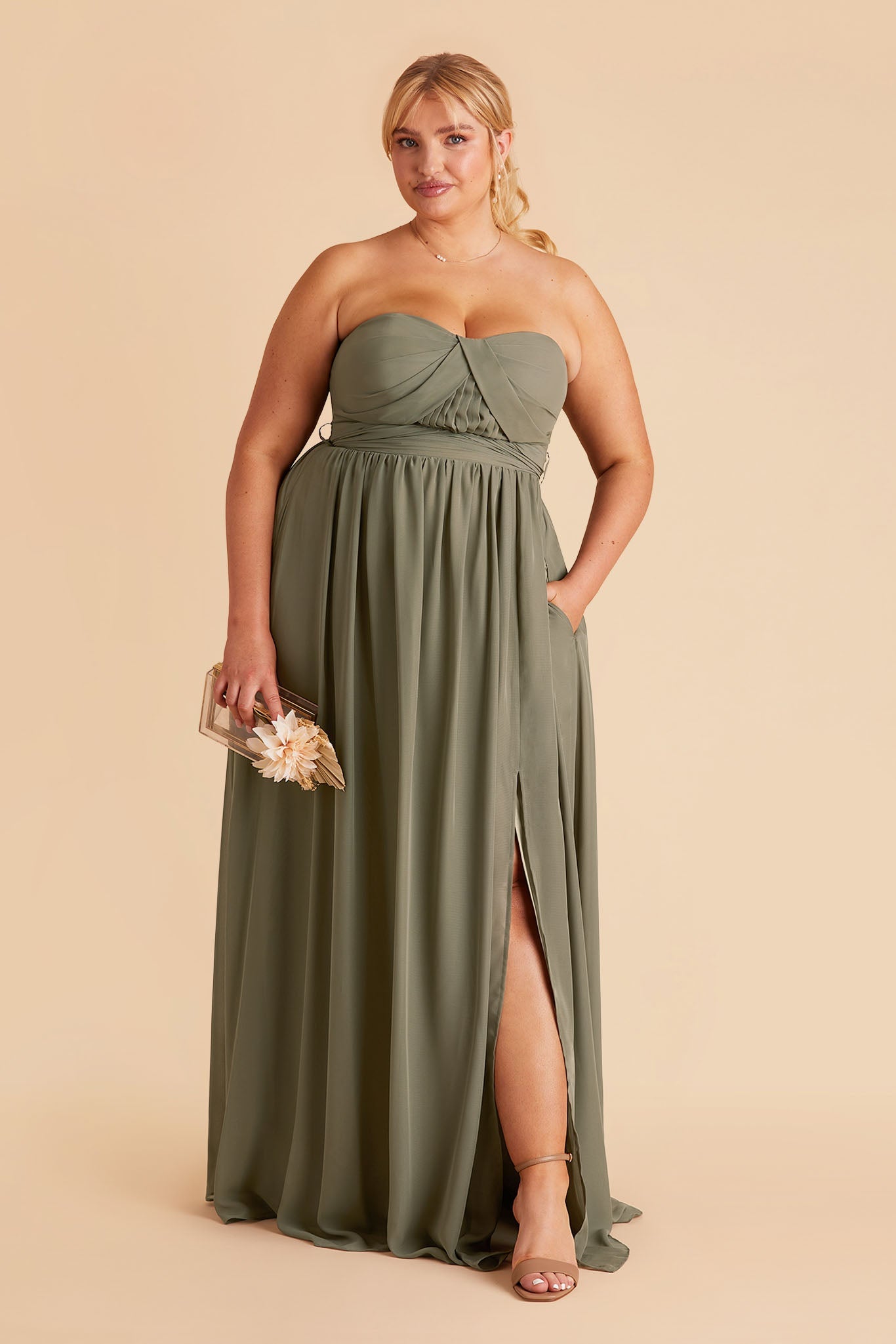 Grace plus size convertible bridesmaid dress in Moss Green Chiffon by Birdy Grey, front view