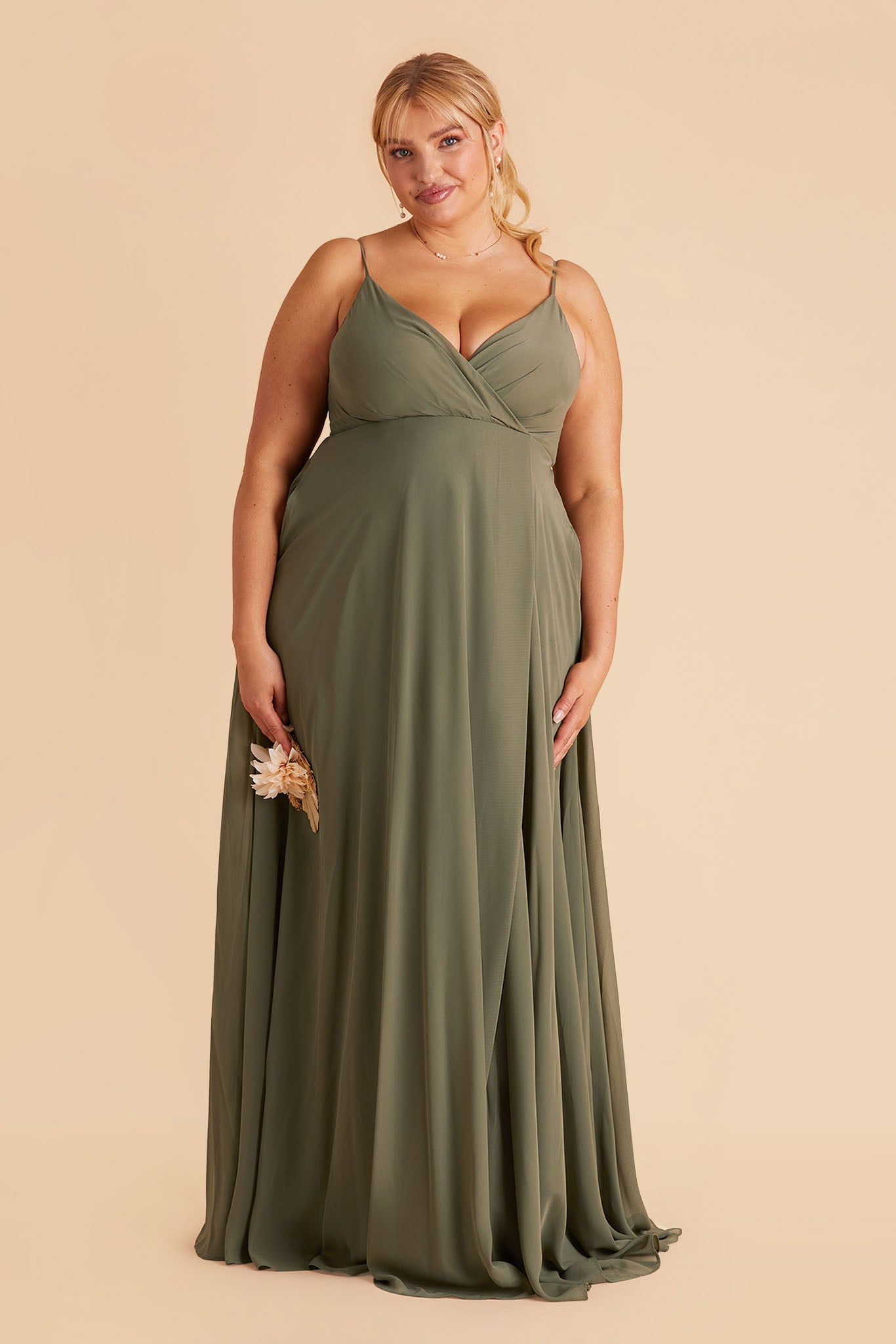 Kaia plus size bridesmaids dress in moss green chiffon by Birdy Grey, front view