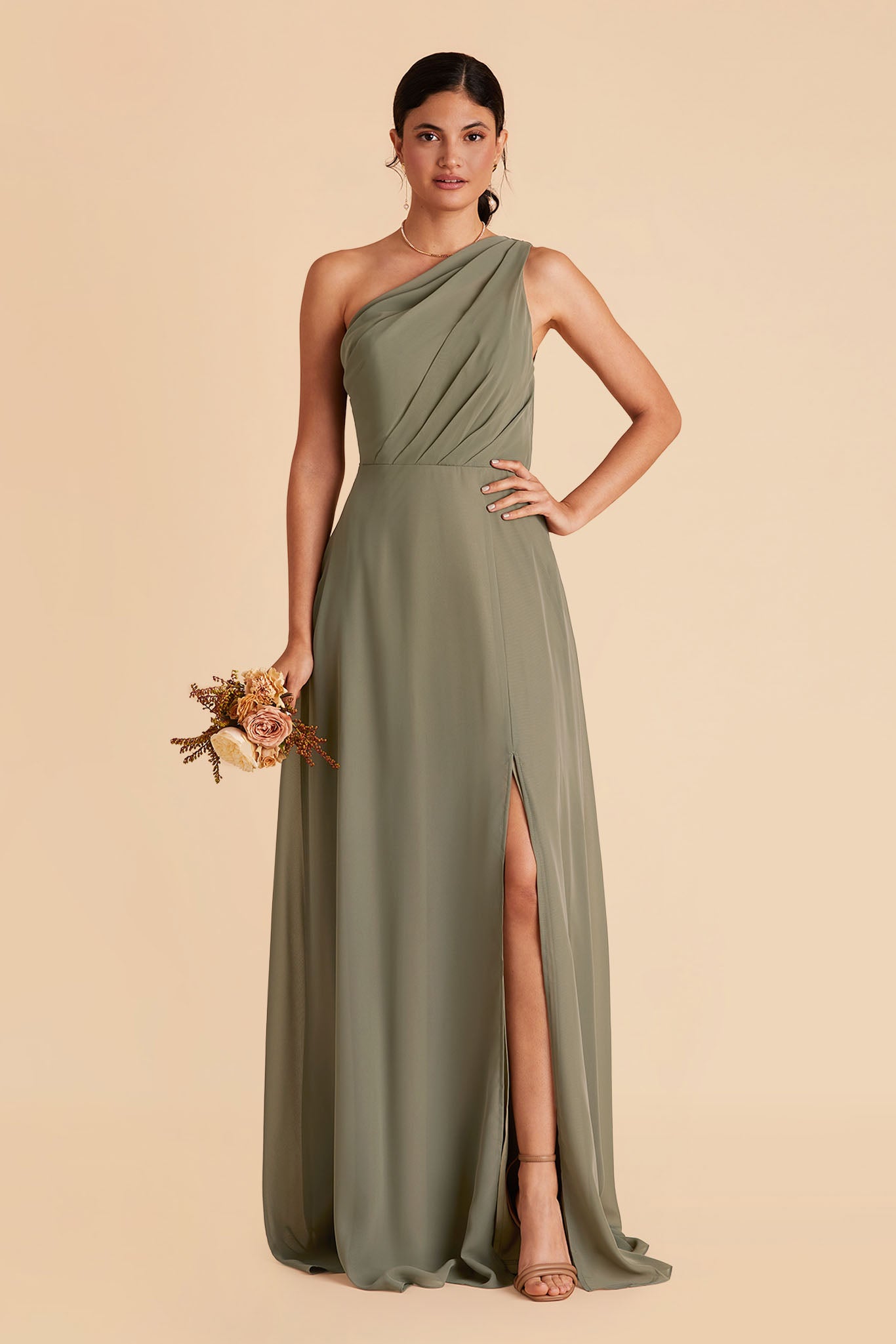 Kira bridesmaid dress with slit in moss green chiffon by Birdy Grey, front view