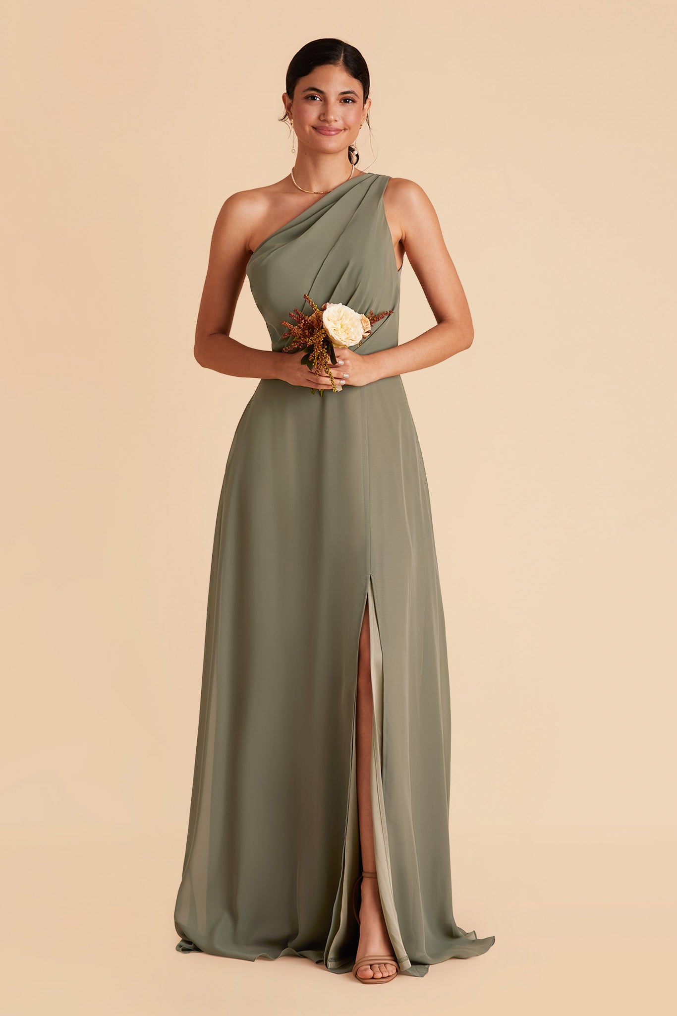 Kira bridesmaid dress with slit in moss green chiffon by Birdy Grey, front view