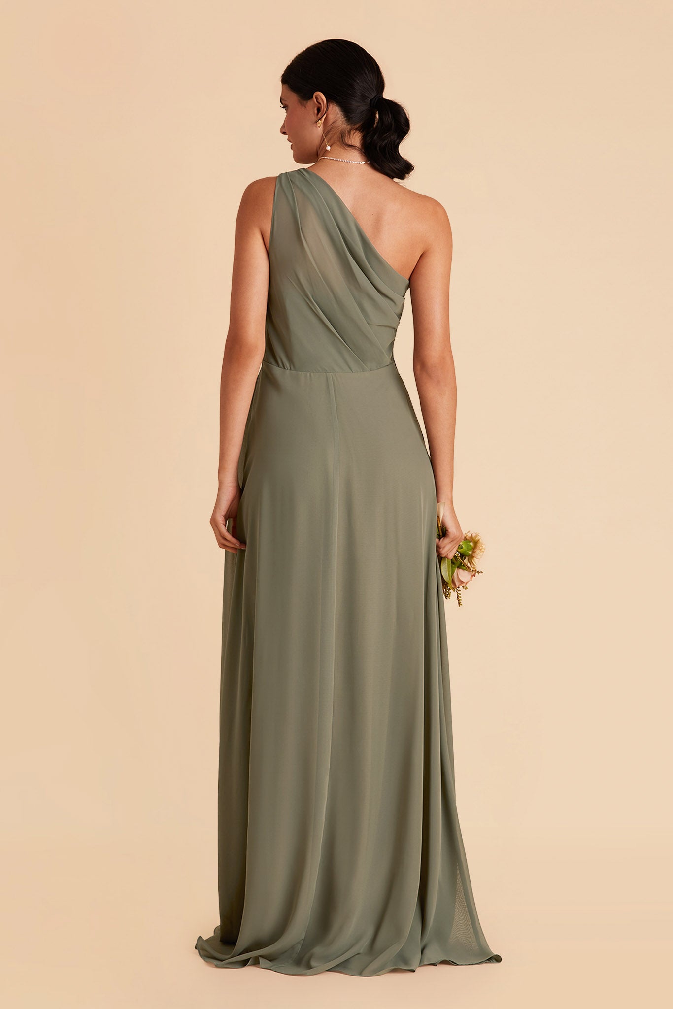 Kira bridesmaid dress with slit in moss green chiffon by Birdy Grey, back view