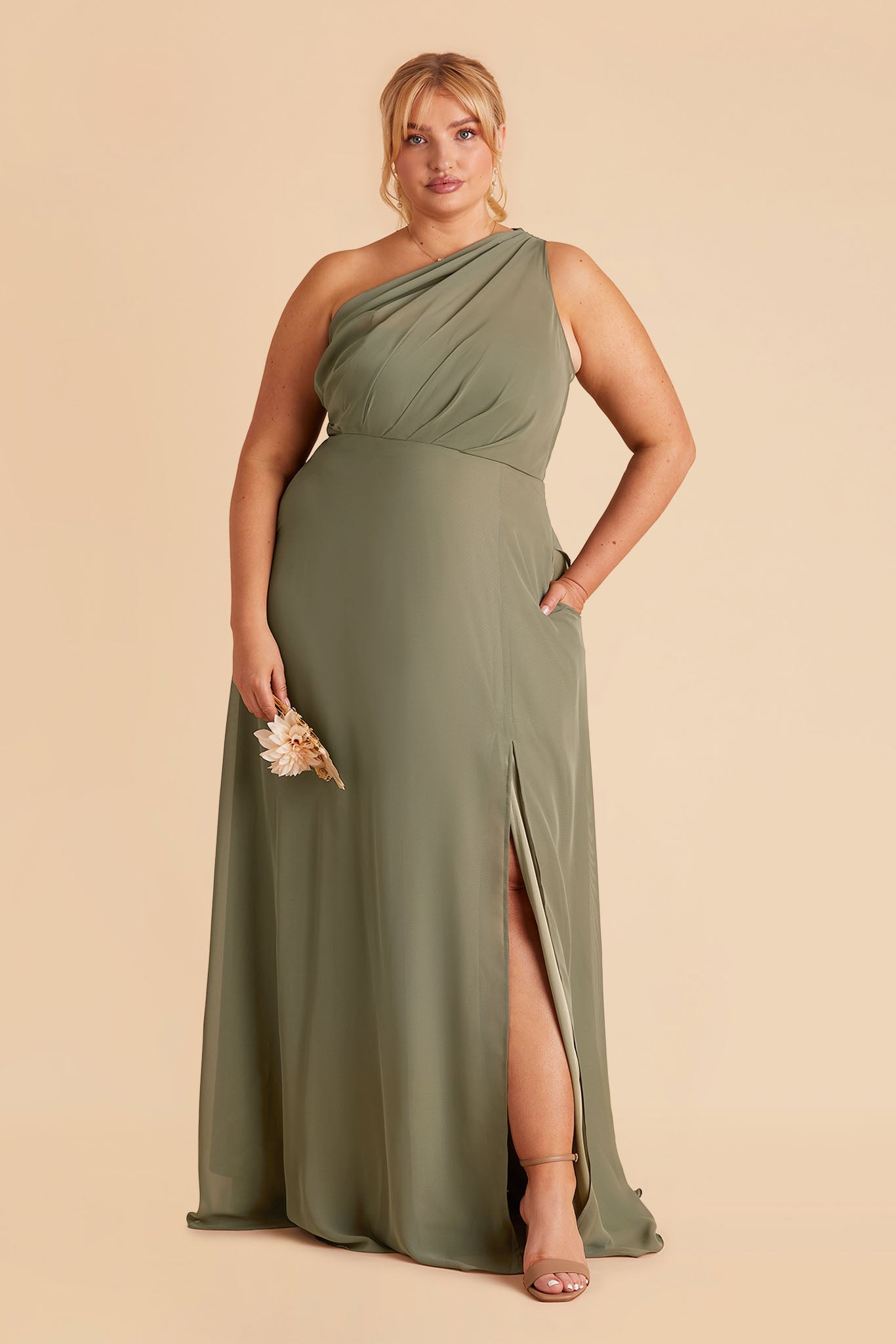 Kira plus size bridesmaid dress with slit in moss green chiffon by Birdy Grey, front view
