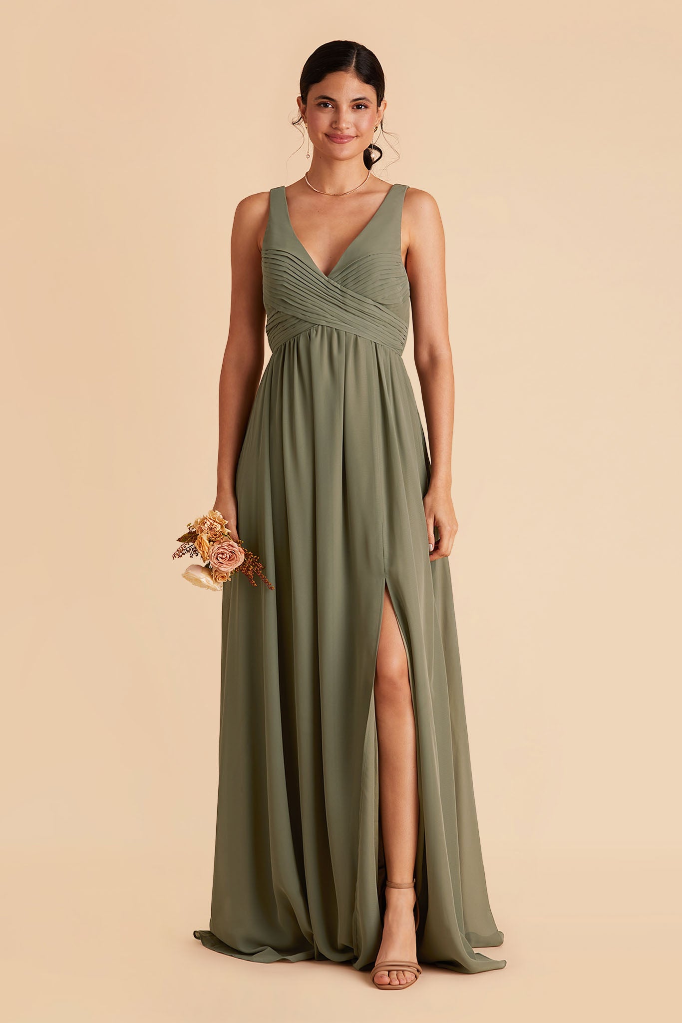 Laurie Empire maternity bridesmaid dress with slit in moss green by Birdy Grey, front view