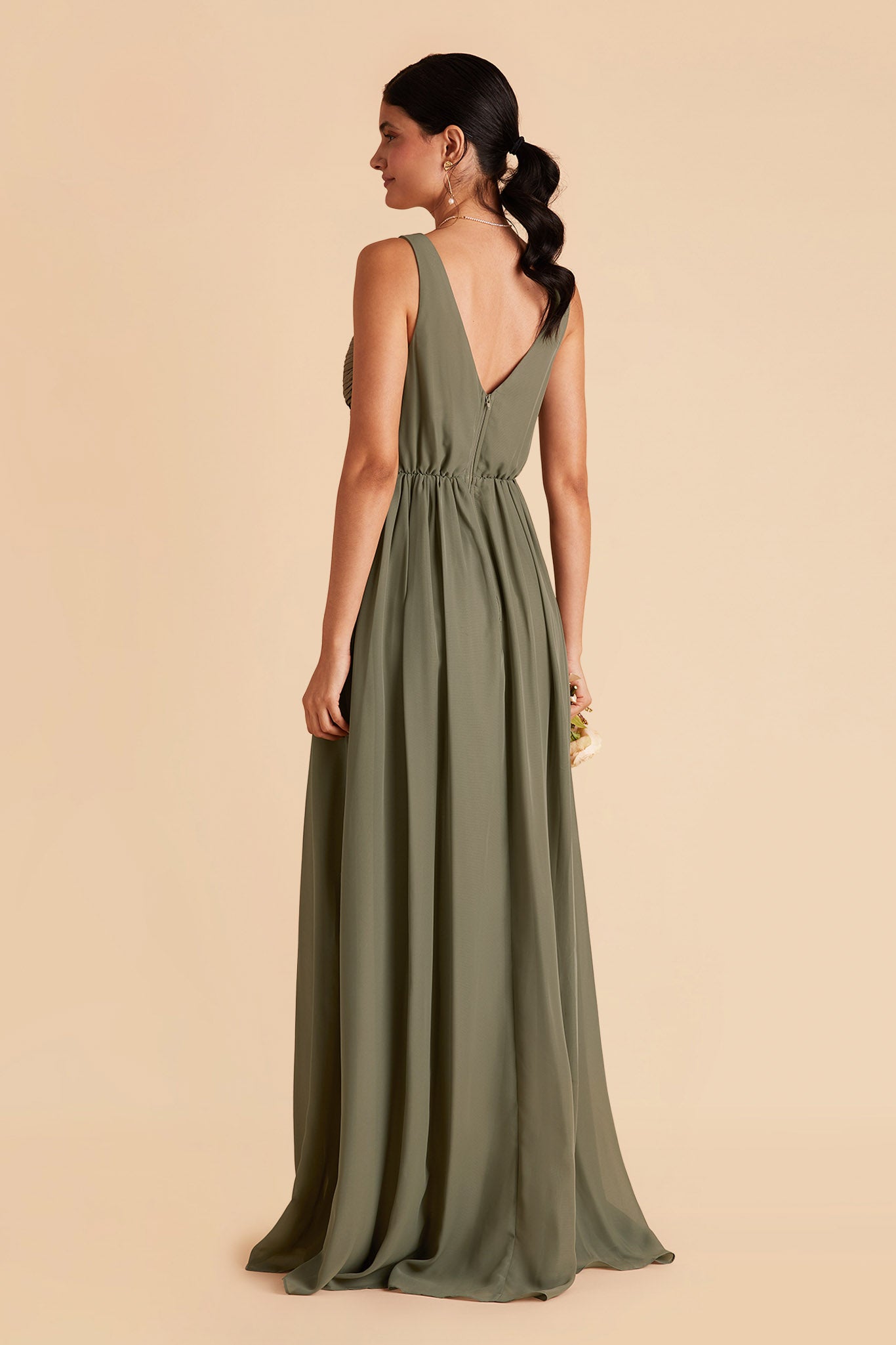 Laurie Empire maternity bridesmaid dress with slit in moss green by Birdy Grey, back view