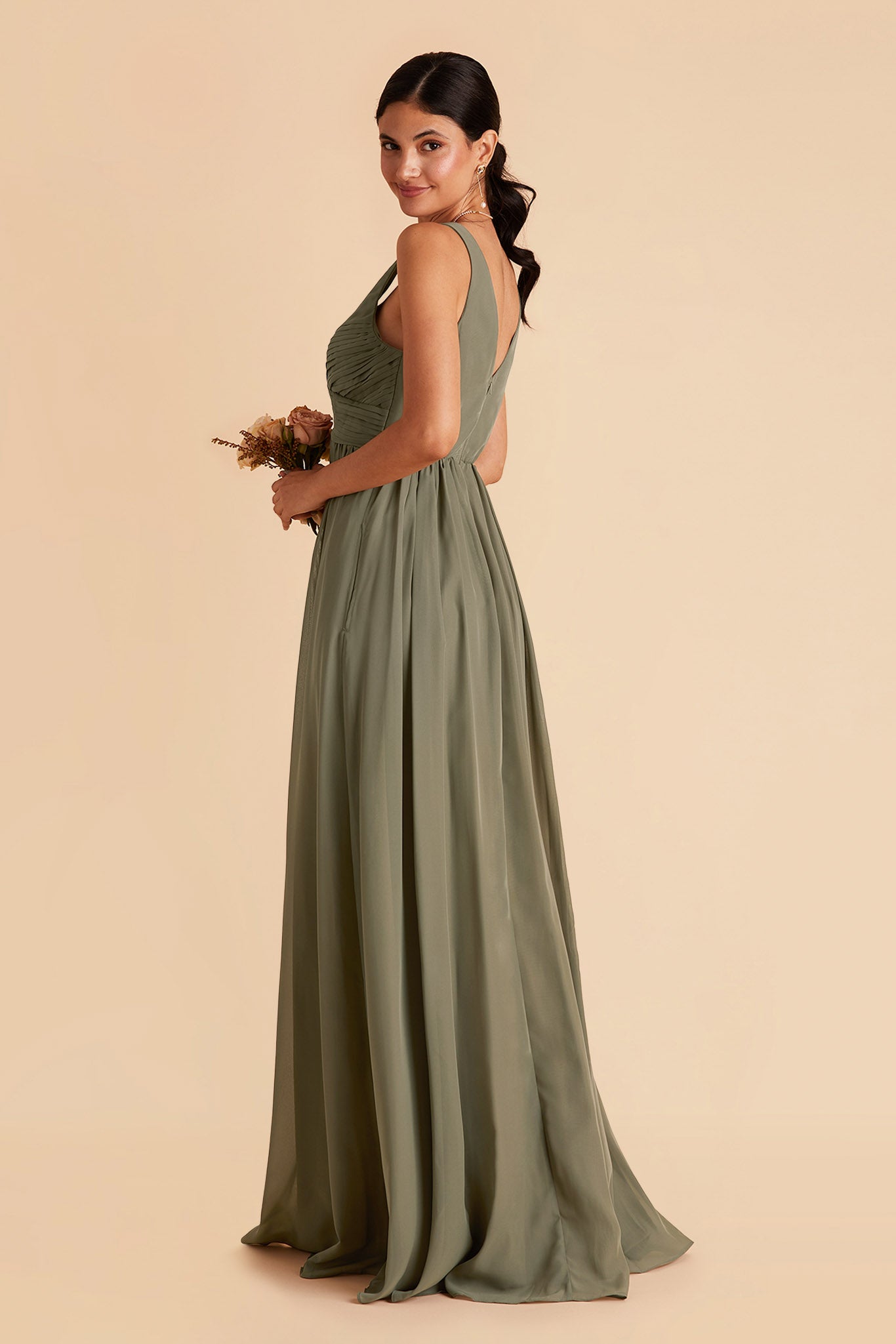 Laurie Empire maternity bridesmaid dress with slit in moss green by Birdy Grey, front view