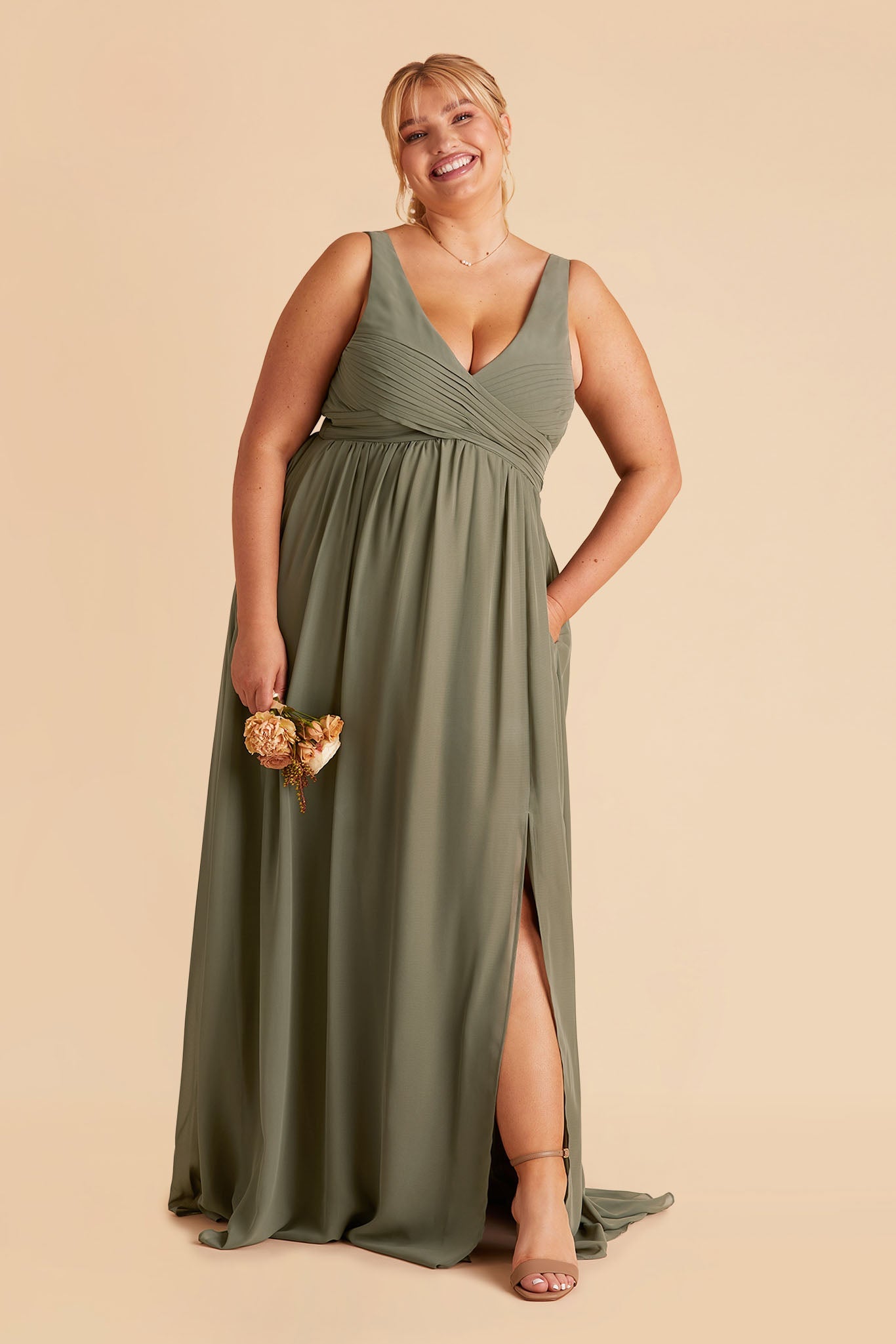 Laurie Empire plus size maternity bridesmaid dress with slit in moss green by Birdy Grey, front view