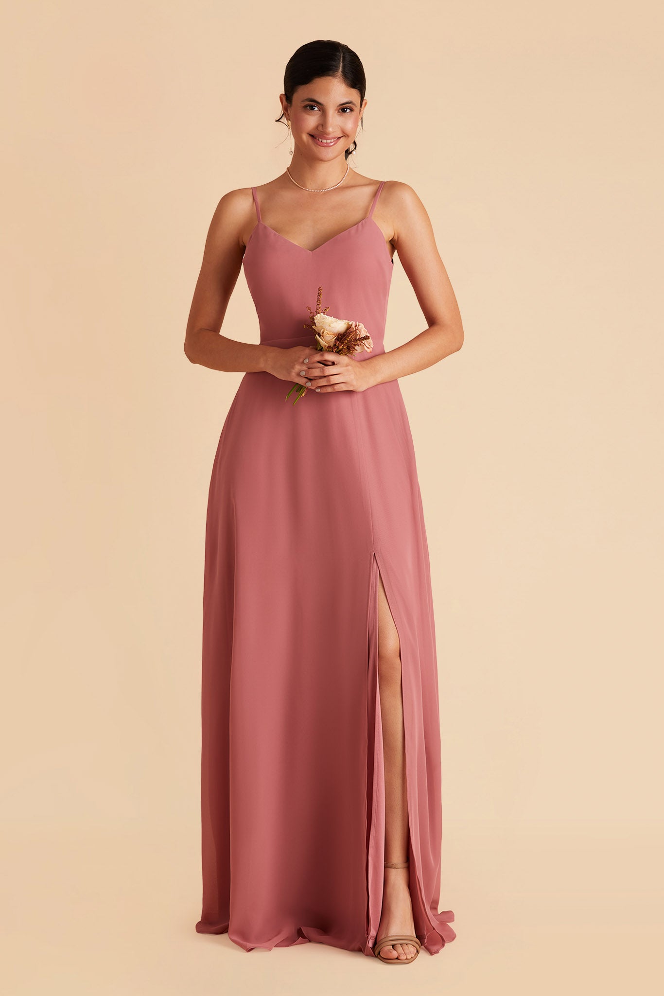 Devin convertible bridesmaid dress with slit in mulberry chiffon by Birdy Grey, front view