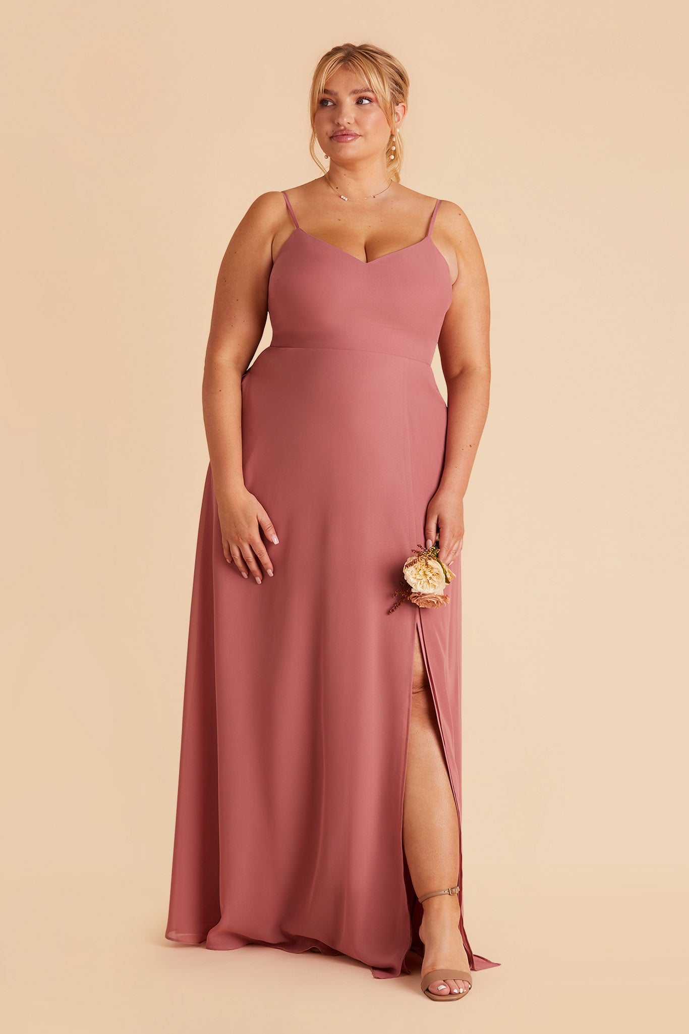 Devin plus size convertible bridesmaid dress with slit in mulberry chiffon by Birdy Grey, front view