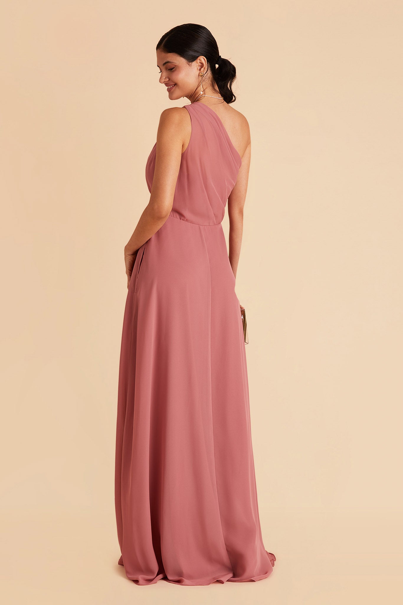 Kira bridesmaid dress with slit in mulberry chiffon by Birdy Grey, side view