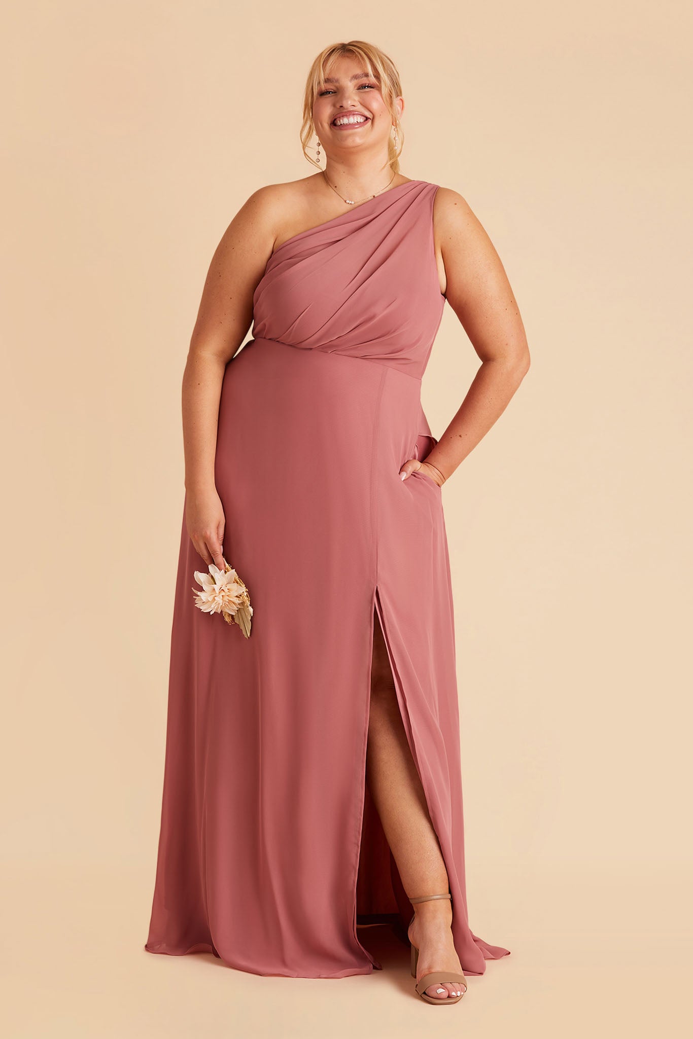 Kira plus size bridesmaid dress with slit in mulberry chiffon by Birdy Grey, front view