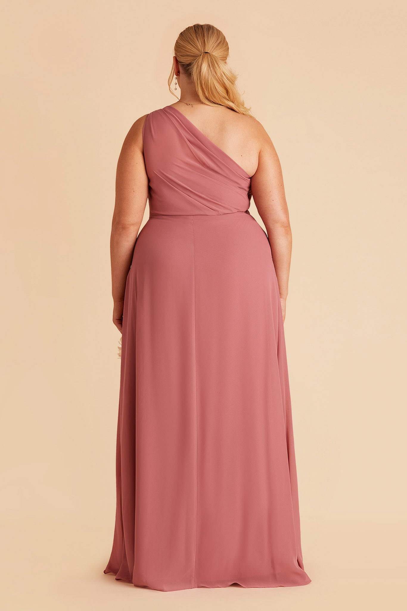 Kira plus size bridesmaid dress with slit in mulberry chiffon by Birdy Grey, back view