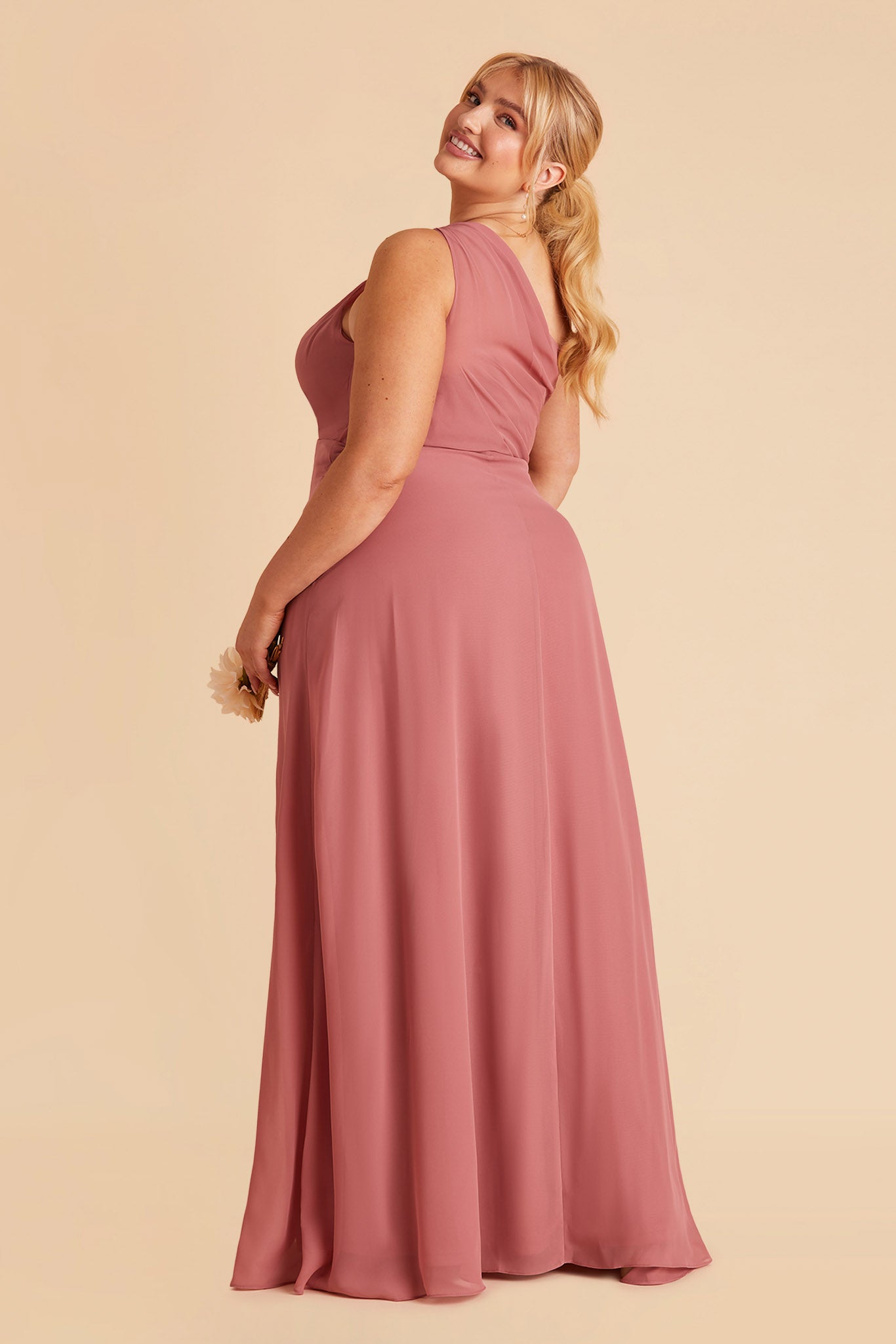 Kira plus size bridesmaid dress with slit in mulberry chiffon by Birdy Grey, side view