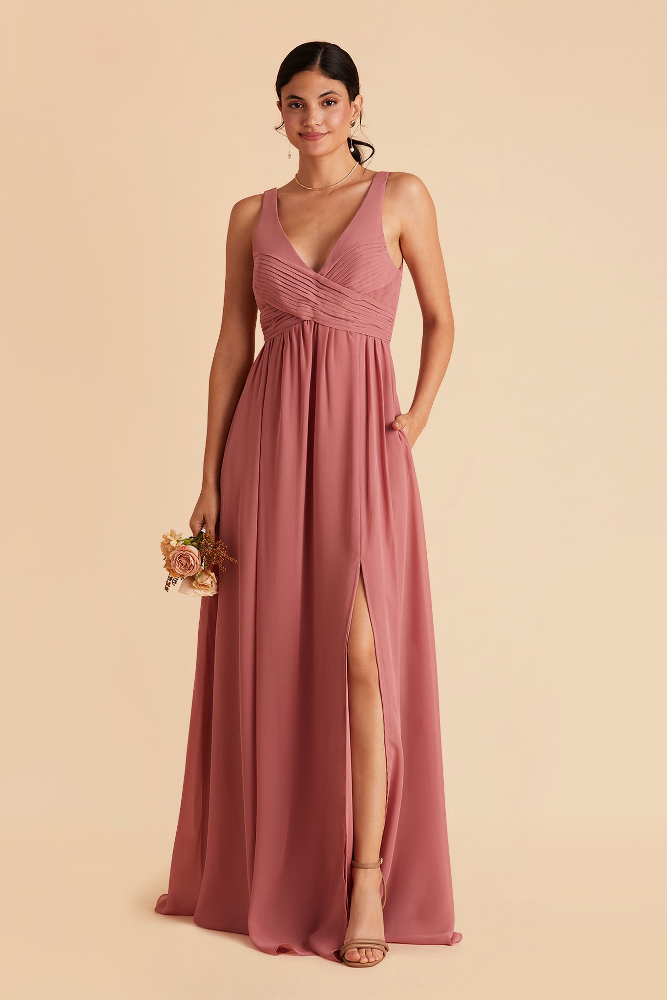 Laurie Empire maternity bridesmaid dress with slit in mulberry by Birdy Grey, front view
