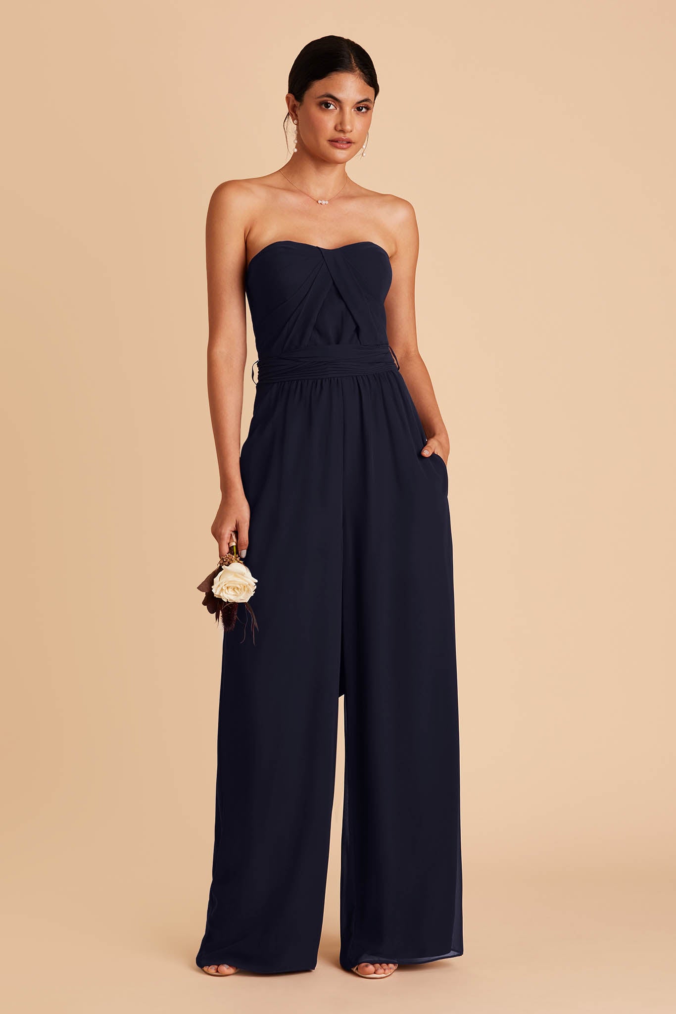 Navy blue wedding jumpsuit with sweetheart bodice with convertible neckline