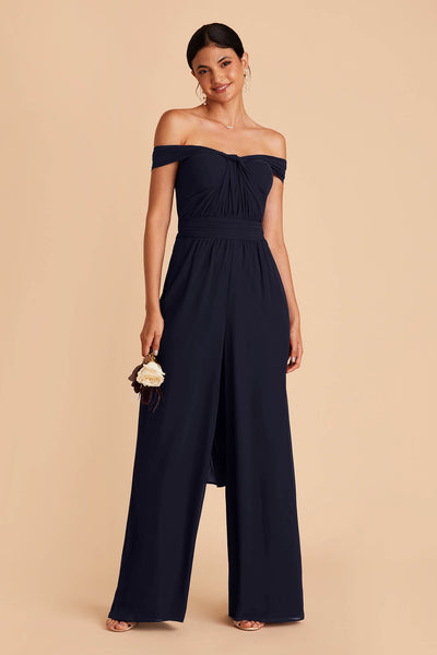 Navy blue wedding jumpsuit with sweetheart bodice with convertible neckline