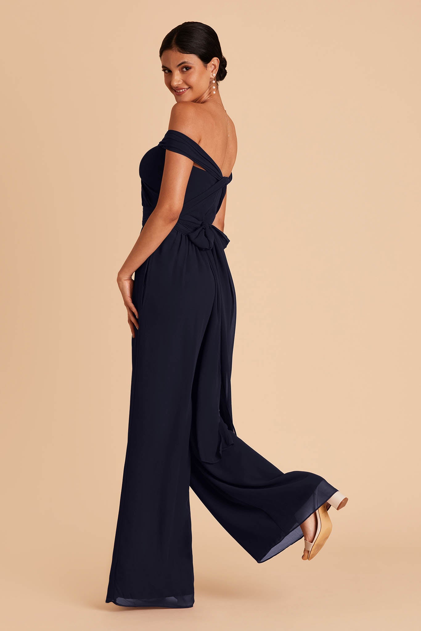 Navy blue wedding jumpsuit with sweetheart bodice with convertible neckline and tie in the back