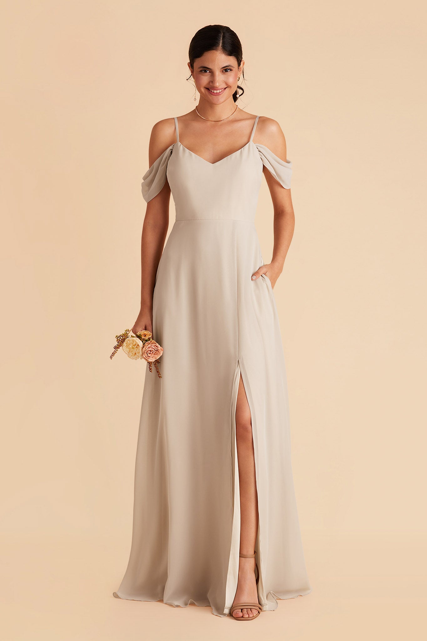 Devin convertible bridesmaid dress with slit in neutral champagne chiffon by Birdy Grey, front view