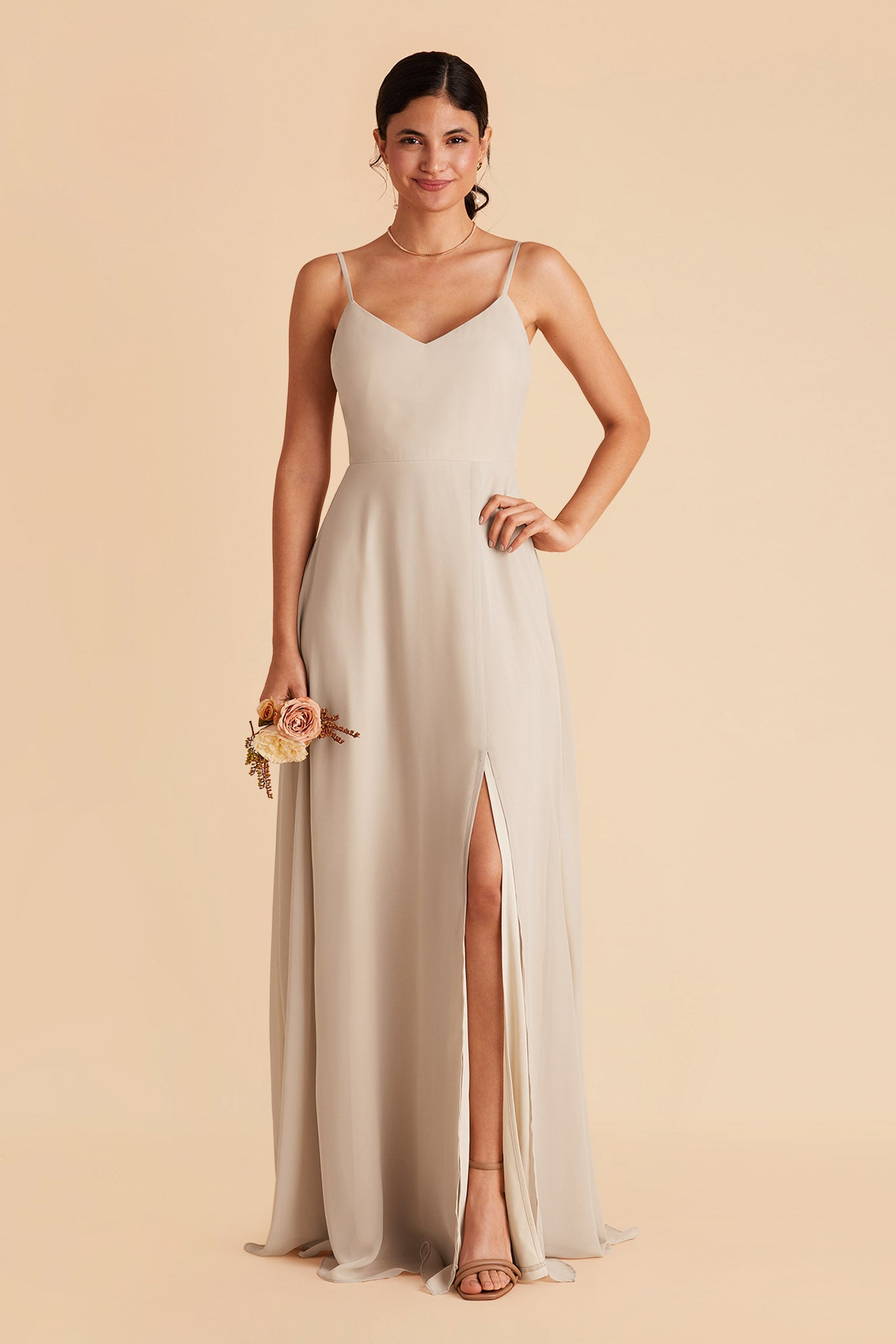 Devin convertible bridesmaid dress with slit in neutral champagne chiffon by Birdy Grey, front view