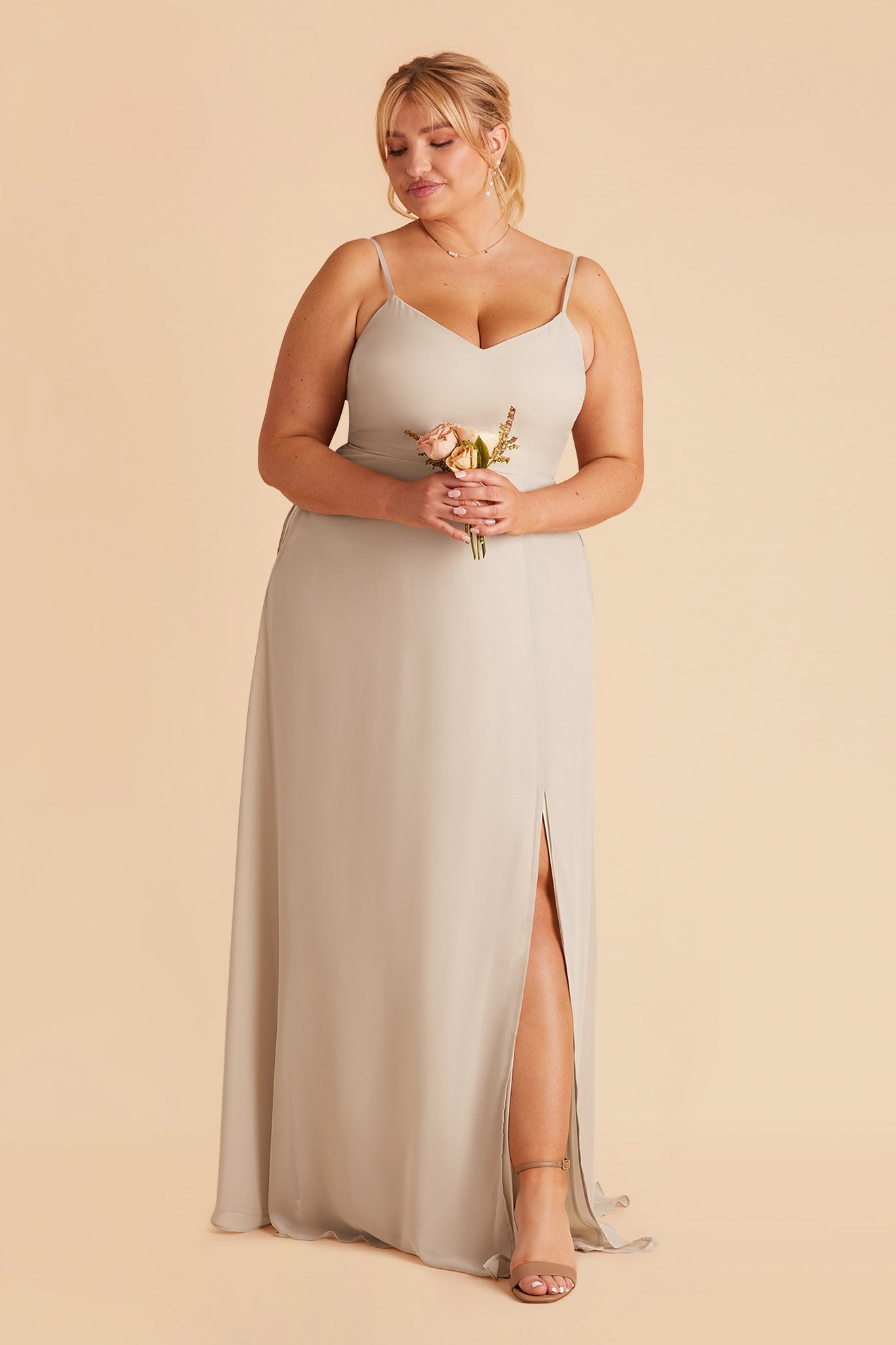 Devin plus size convertible bridesmaid dress with slit in neutral champagne chiffon by Birdy Grey, front view