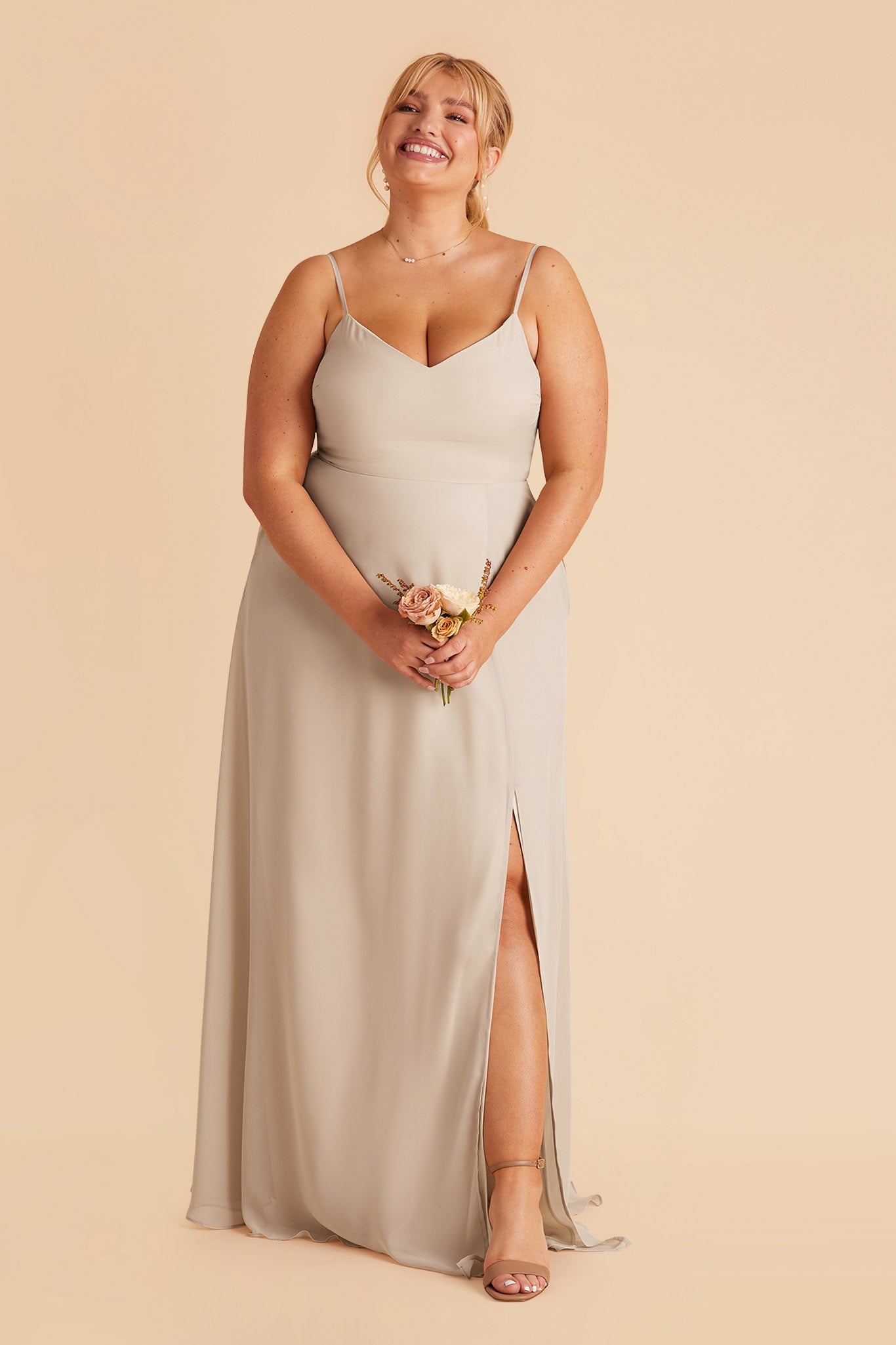 Devin plus size convertible bridesmaid dress with slit in neutral champagne chiffon by Birdy Grey, front view