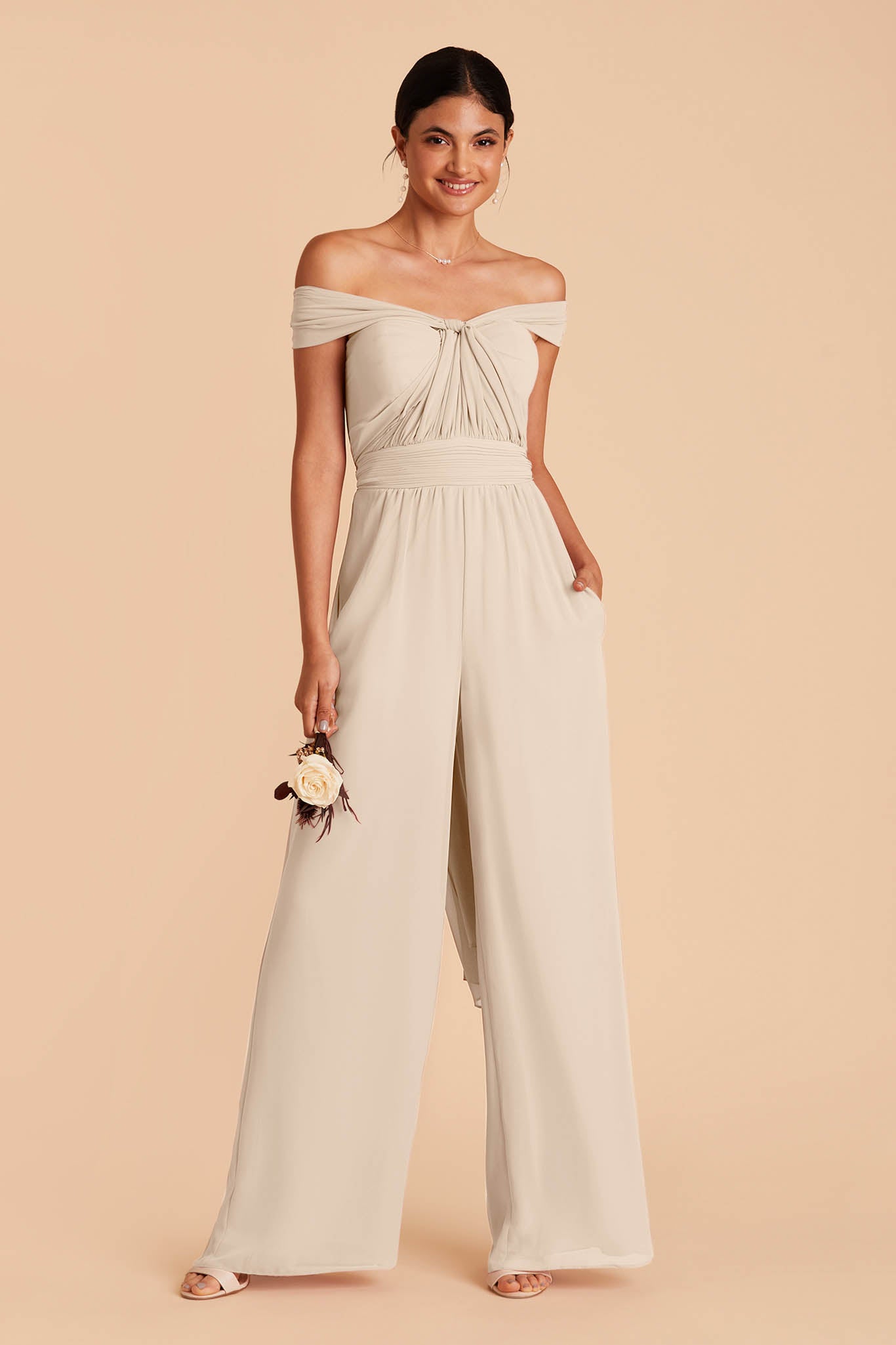 Light champagne color wedding jumpsuit with sweetheart bodice with convertible neckline