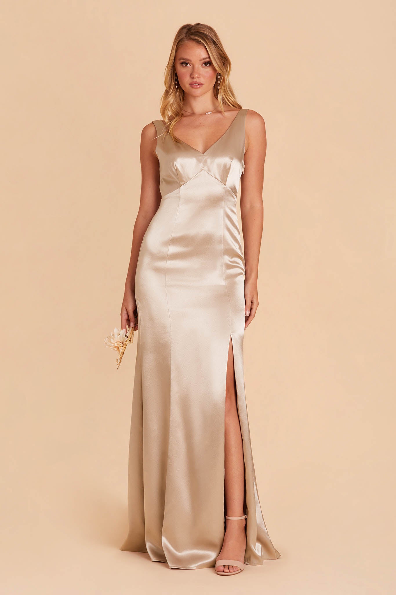 Gloria bridesmaid dress with slit in neutral champagne satin by Birdy Grey, front view