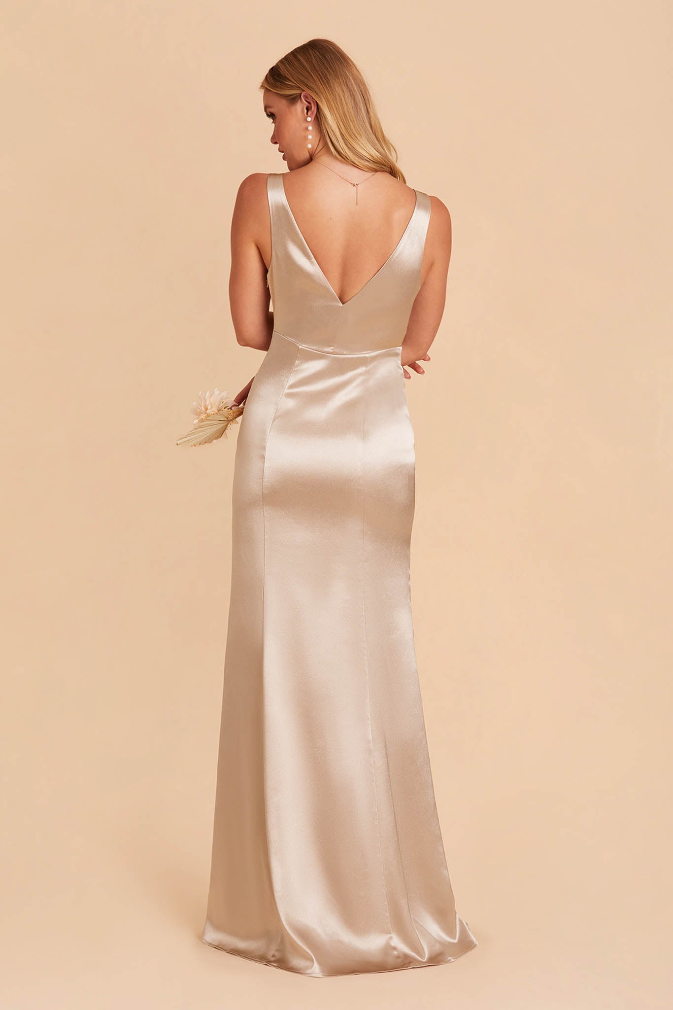 Gloria bridesmaid dress with slit in neutral champagne satin by Birdy Grey, back view