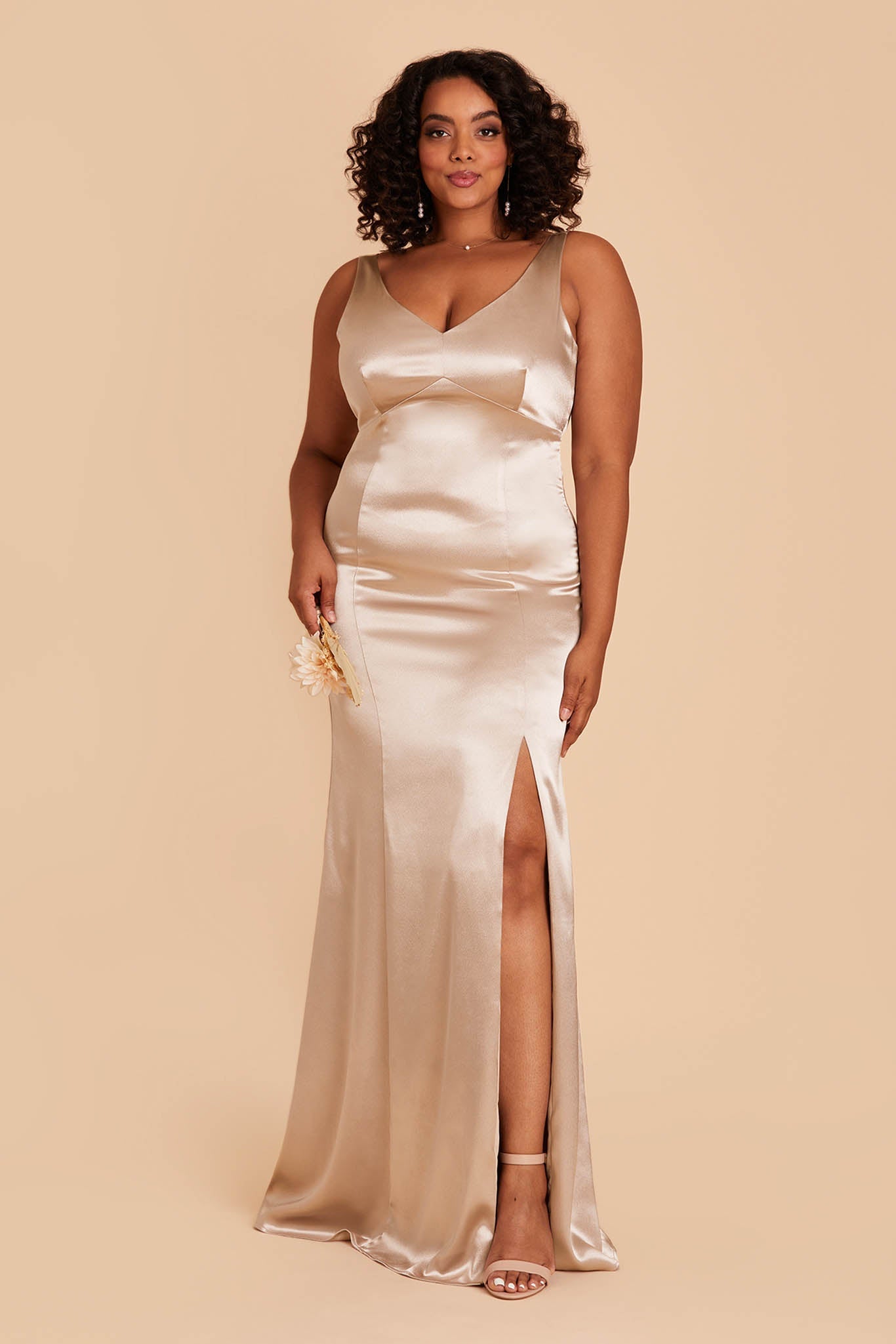 Gloria plus size bridesmaid dress with slit in neutral champagne satin by Birdy Grey, front view