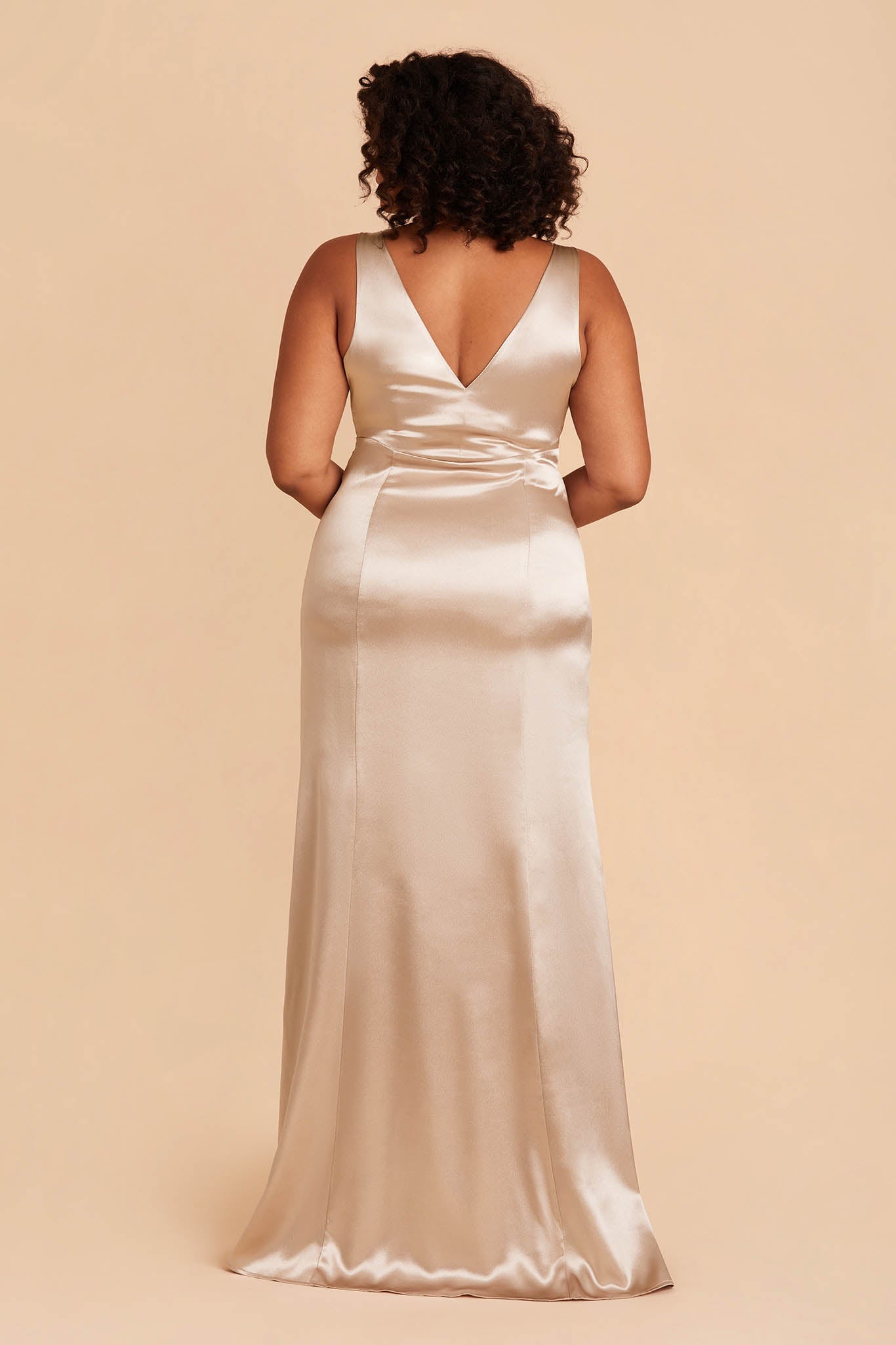 Gloria plus size bridesmaid dress with slit in neutral champagne satin by Birdy Grey, back view