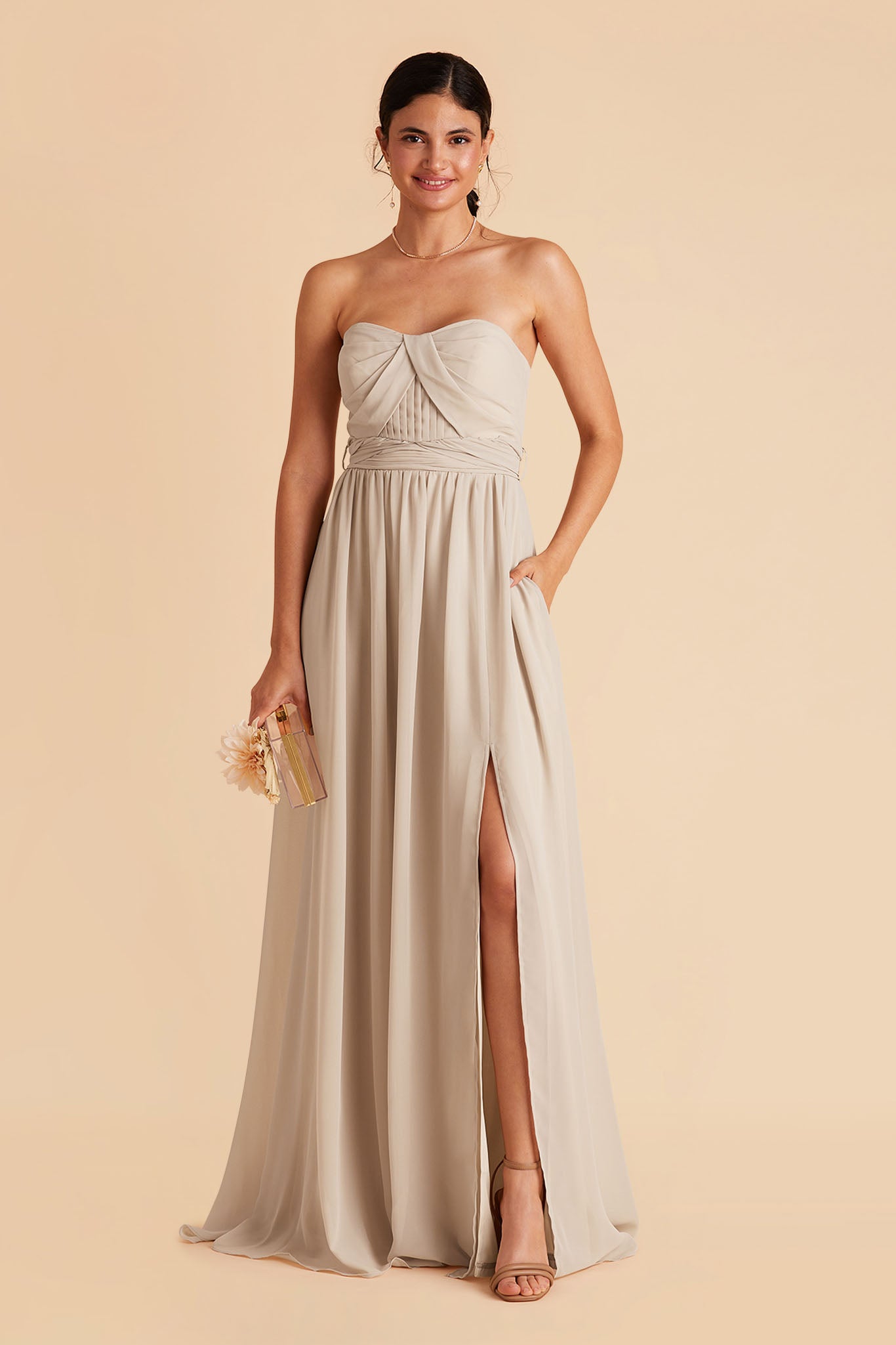Grace convertible bridesmaid dress in Neutral Champagne Chiffon by Birdy Grey, front view