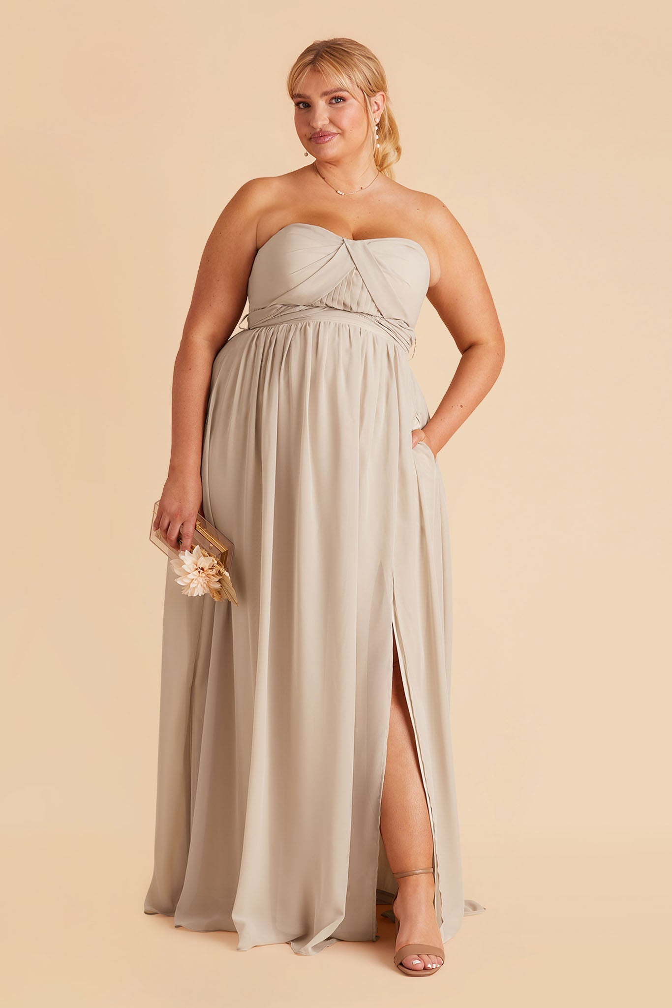 Grace plus size convertible bridesmaid dress in Neutral Champagne Chiffon by Birdy Grey, front view