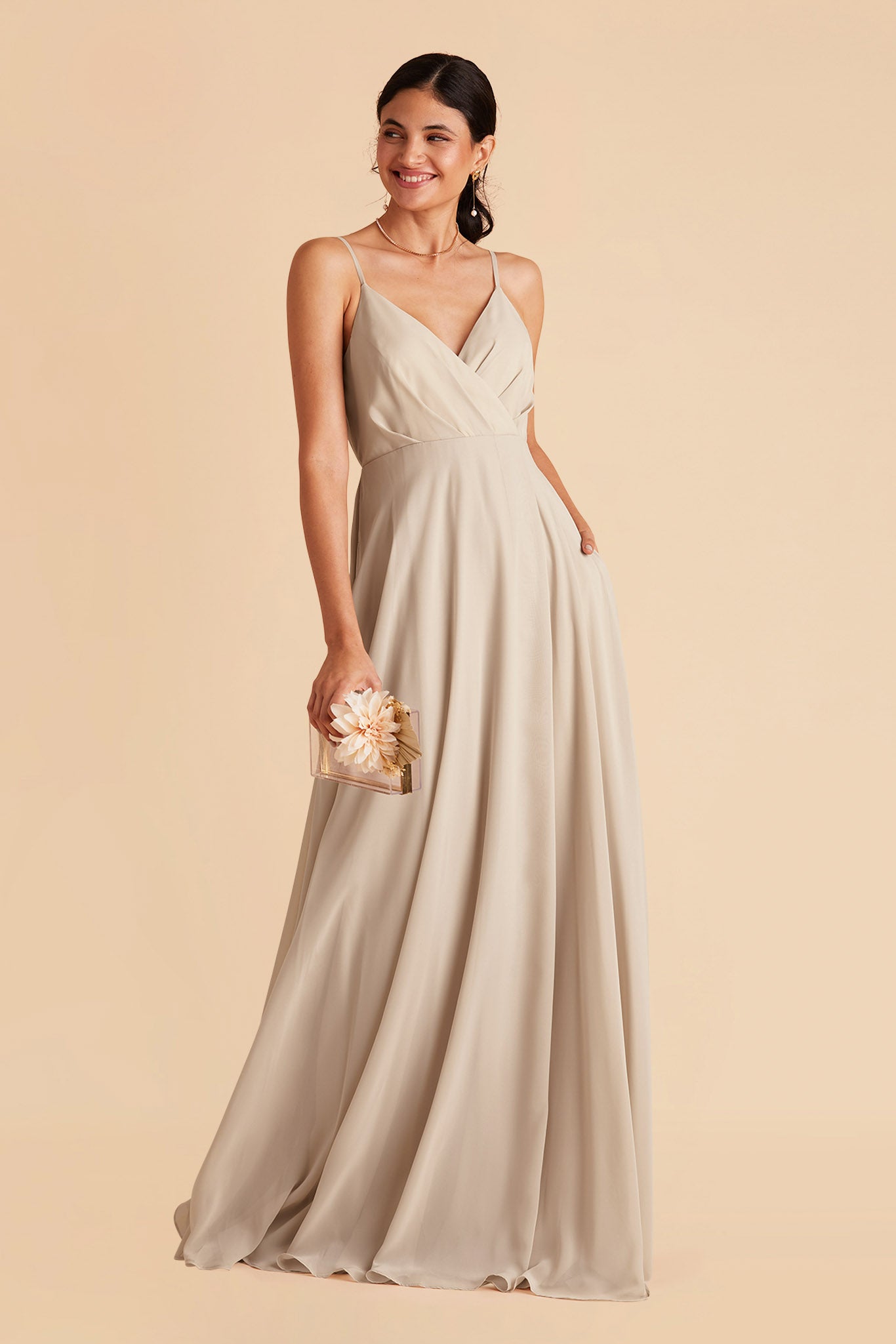 Kaia bridesmaids dress in neutral champagne chiffon by Birdy Grey, front view