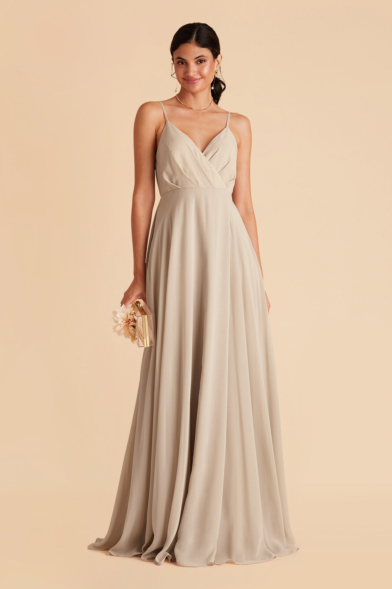 Kaia bridesmaids dress in neutral champagne chiffon by Birdy Grey, front view