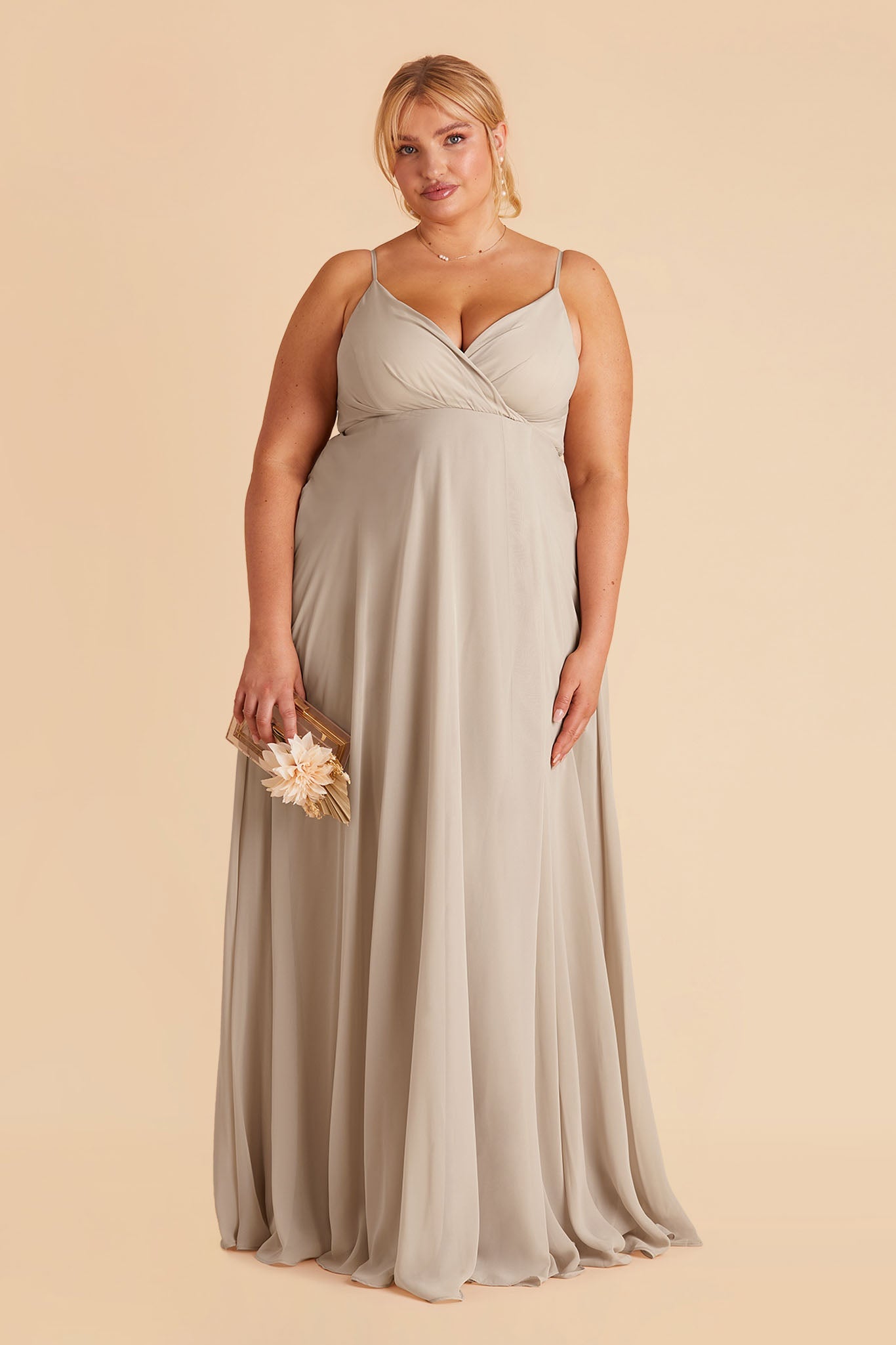 Kaia plus size bridesmaids dress in neutral champagne chiffon by Birdy Grey, front view