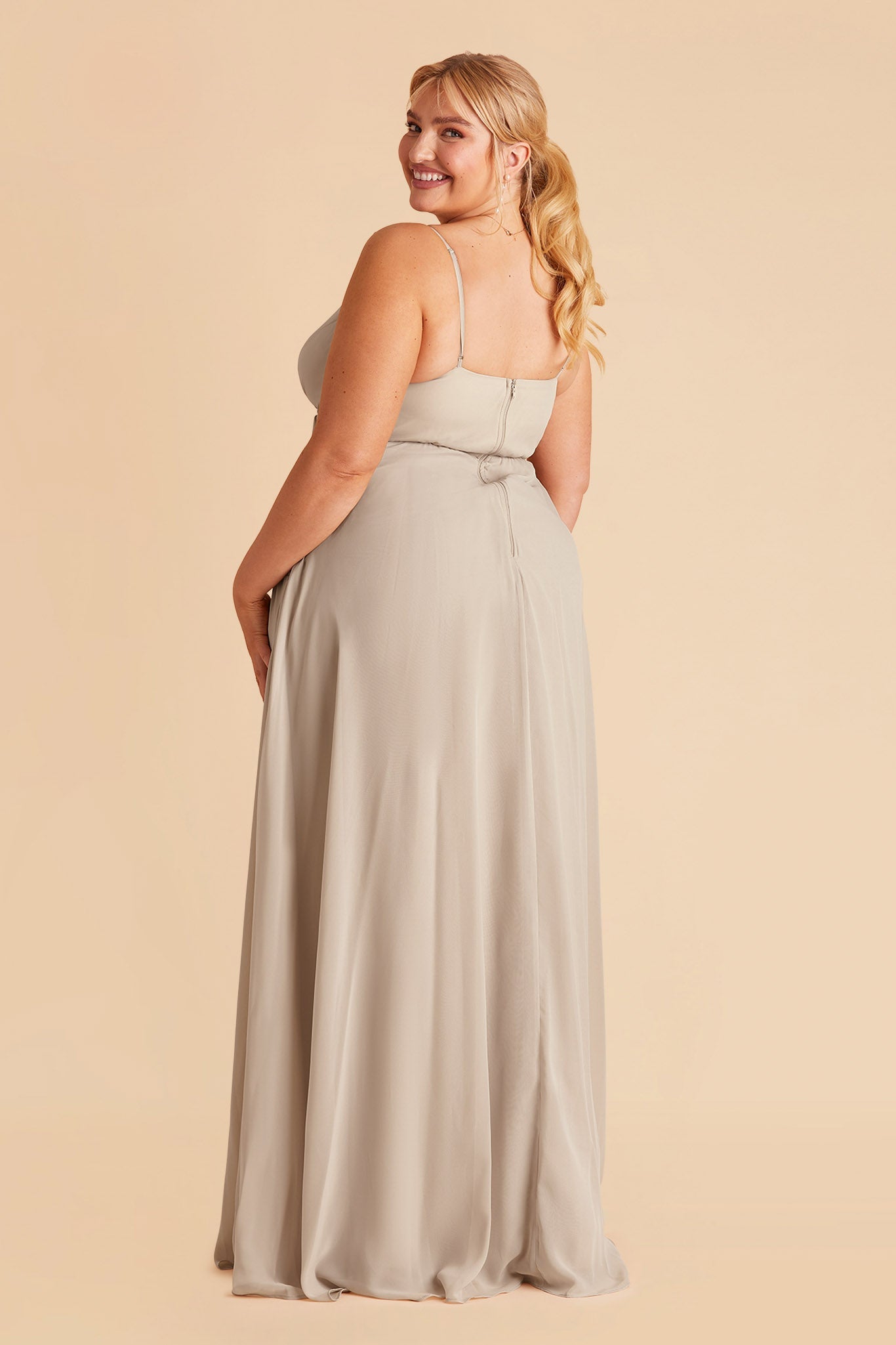 Kaia plus size bridesmaids dress in neutral champagne chiffon by Birdy Grey, side view