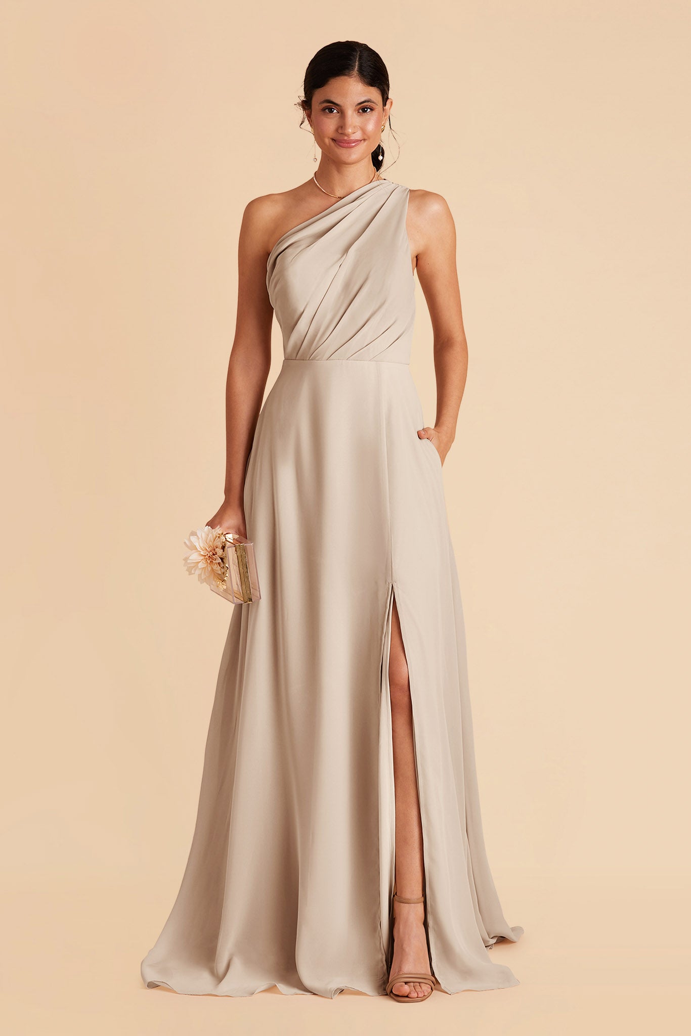 Kira Chiffon Slit Bridesmaid Dress in Neutral Champagne