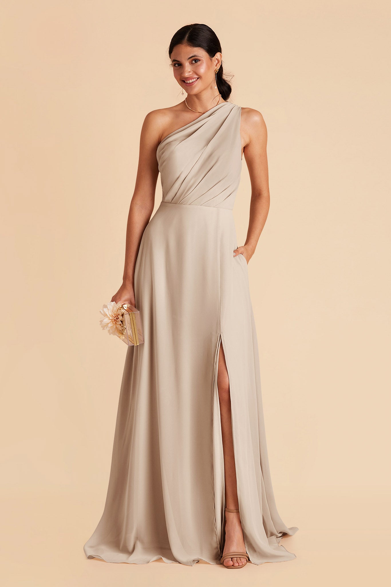Kira bridesmaid dress with slit in neutral champagne chiffon by Birdy Grey, front view