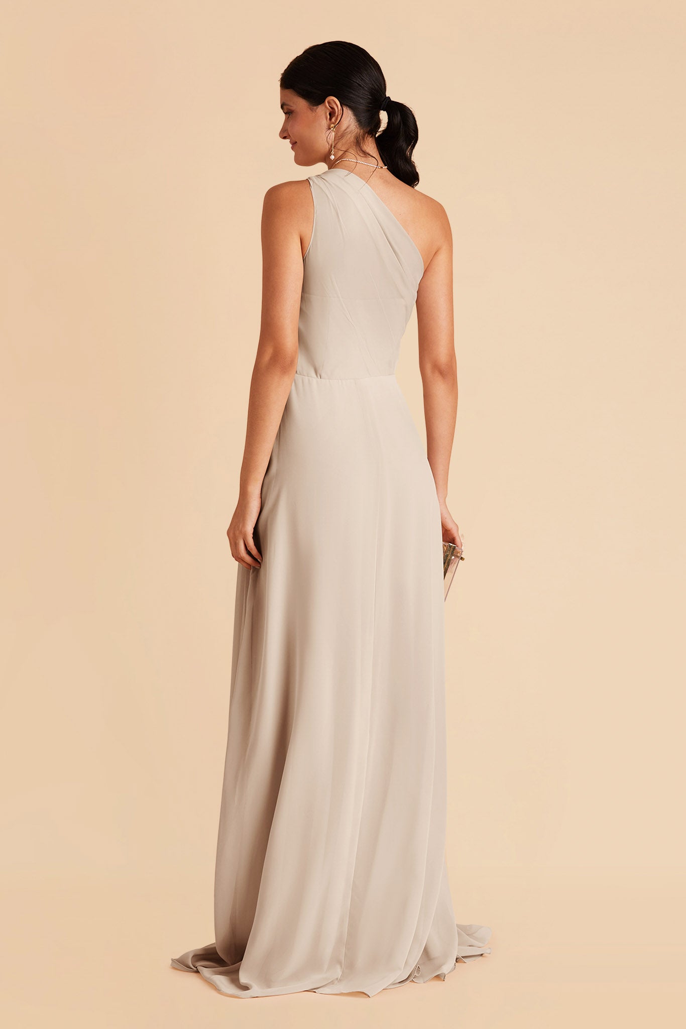 Kira bridesmaid dress with slit in neutral champagne chiffon by Birdy Grey, back view