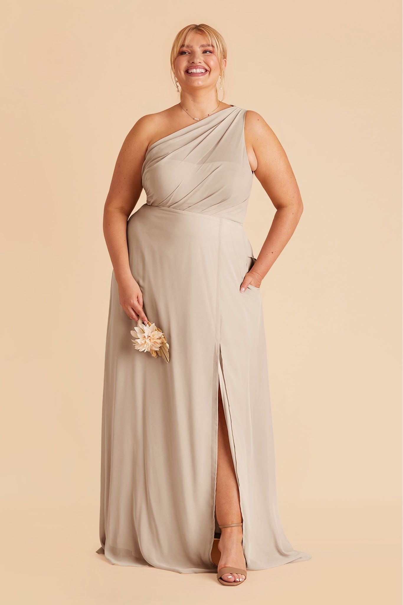 Kira plus size bridesmaid dress with slit in neutral champagne chiffon by Birdy Grey, front view