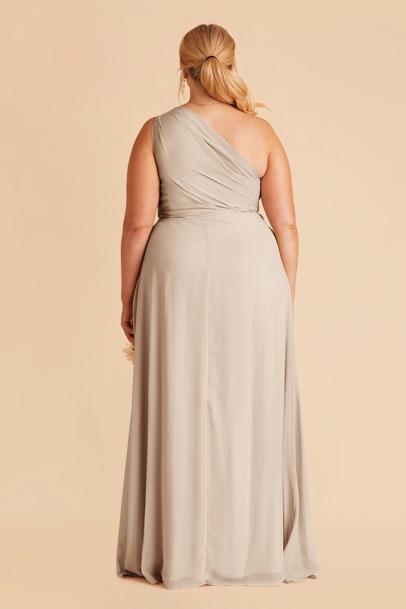 Kira plus size bridesmaid dress with slit in neutral champagne chiffon by Birdy Grey, back view