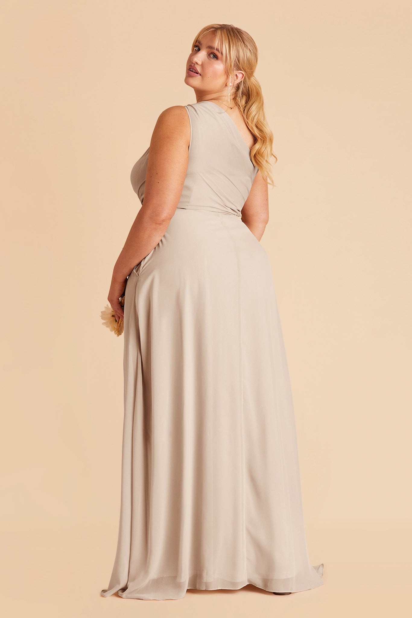 Kira plus size bridesmaid dress with slit in neutral champagne chiffon by Birdy Grey, side view
