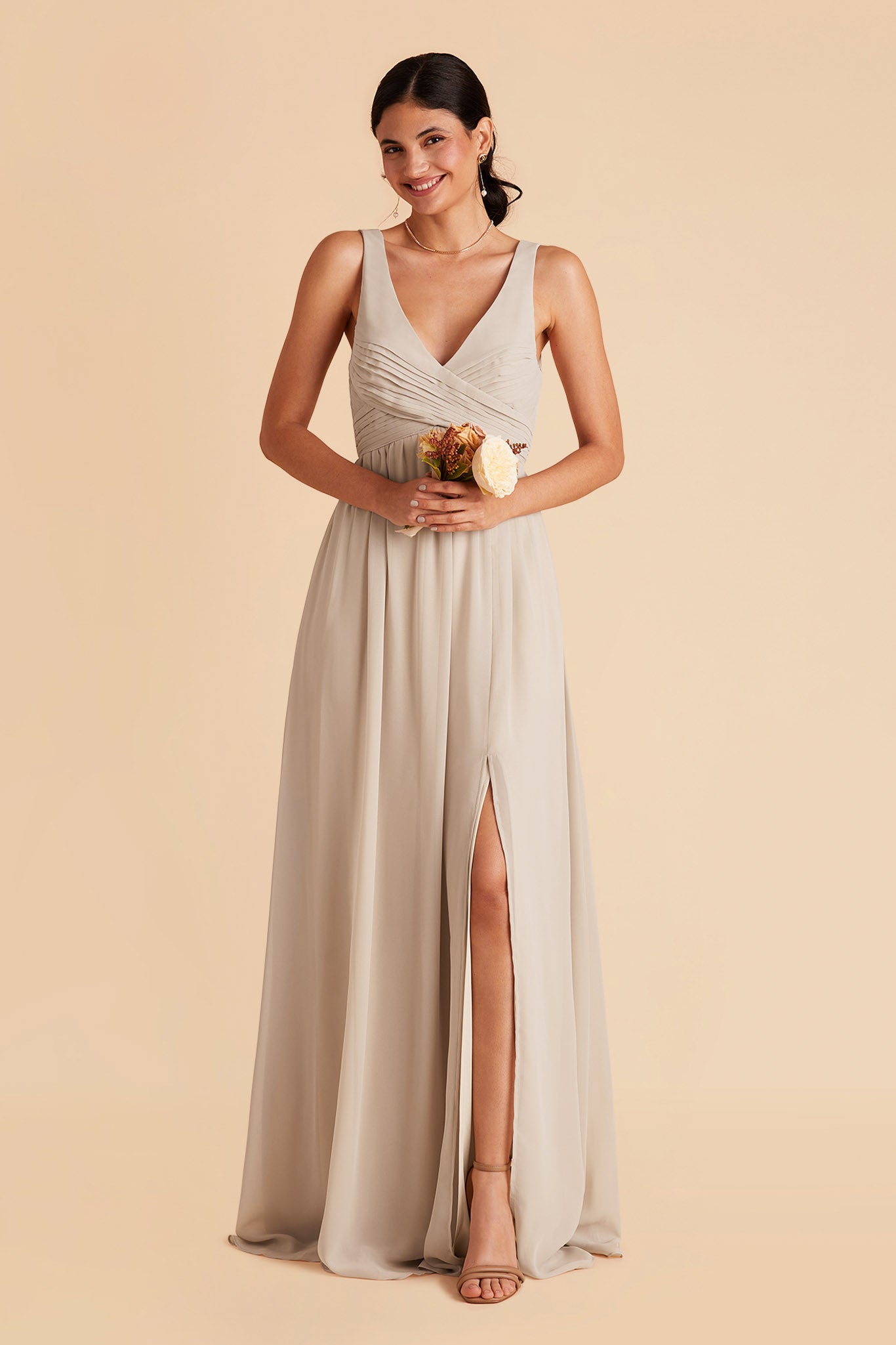 Laurie Empire maternity bridesmaid dress with slit in neutral champagne by Birdy Grey, front view
