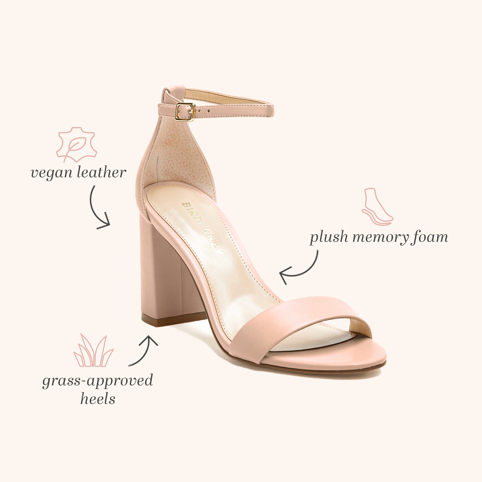 Front view of the Mary High Chunky Heel shoe in nude blush in vegan leather with arrows and labels pointing to shoe features. An arrow pointing to the shoe is labeled 